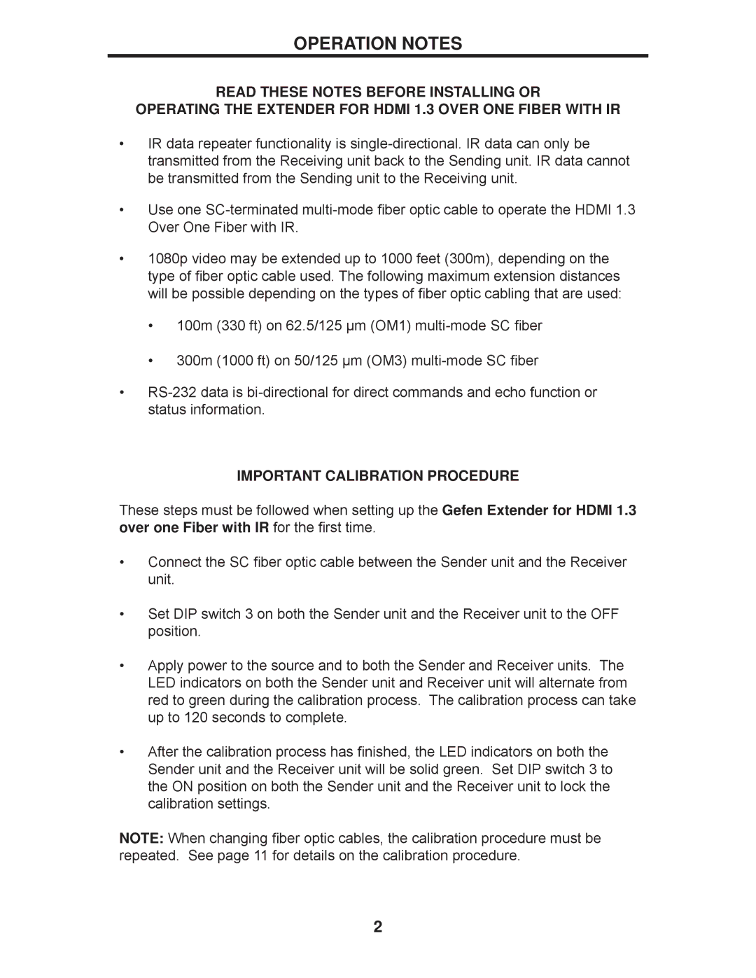 Gefen EXT-HDMI1.3-1FO user manual Operation Notes, Important Calibration Procedure 