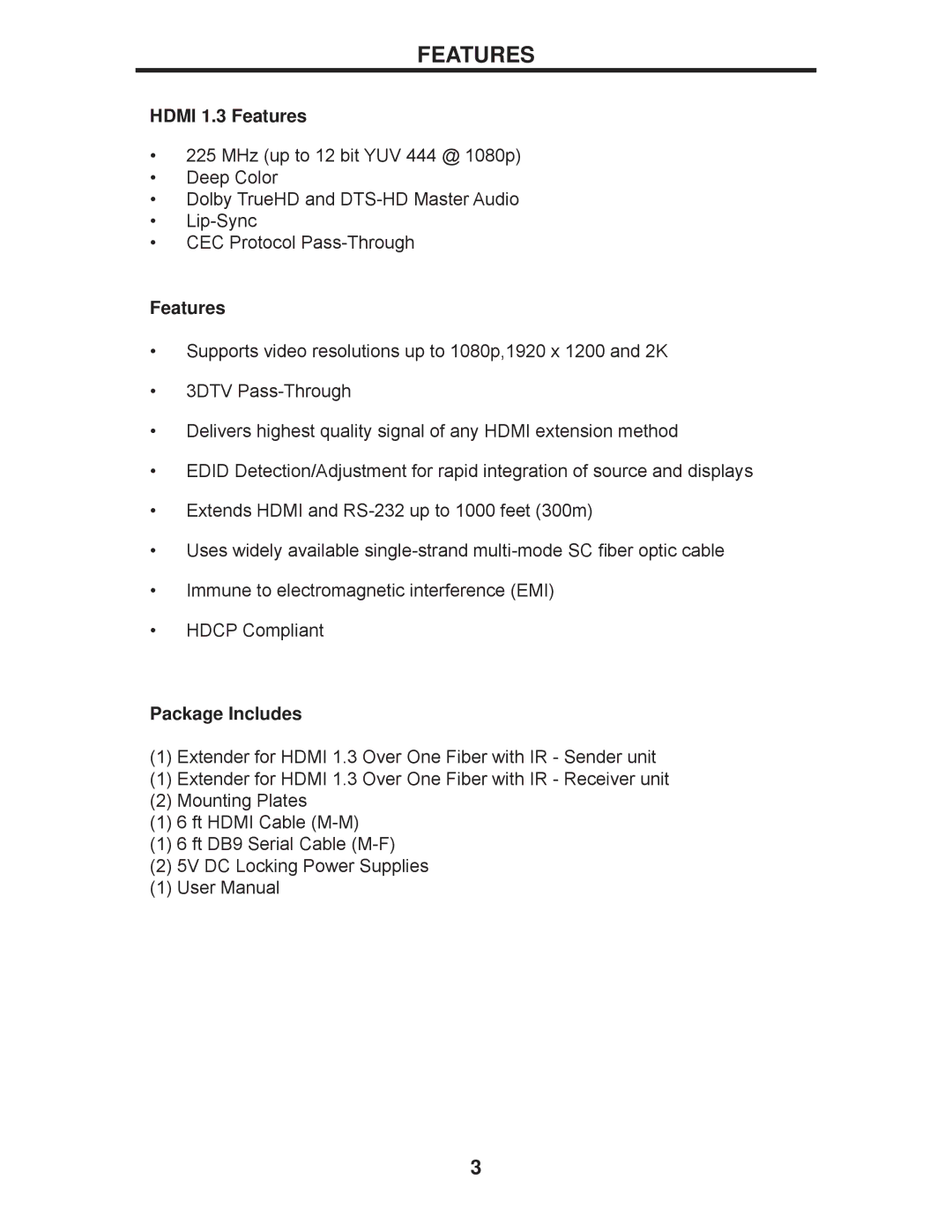 Gefen EXT-HDMI1.3-1FO user manual Hdmi 1.3 Features, Package Includes 