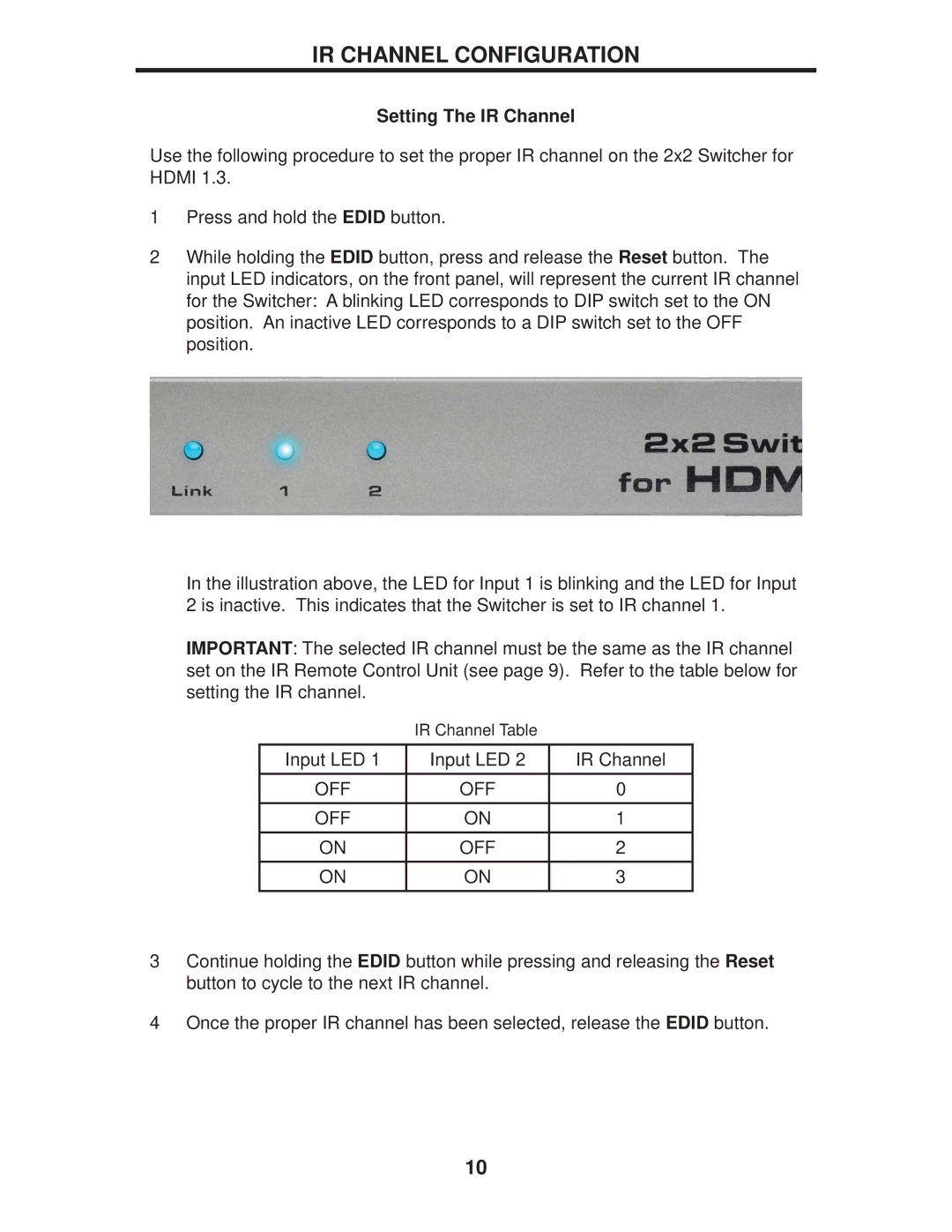 Gefen EXT-HDMI1.3-242 user manual IR Channel Configuration, Setting The IR Channel 