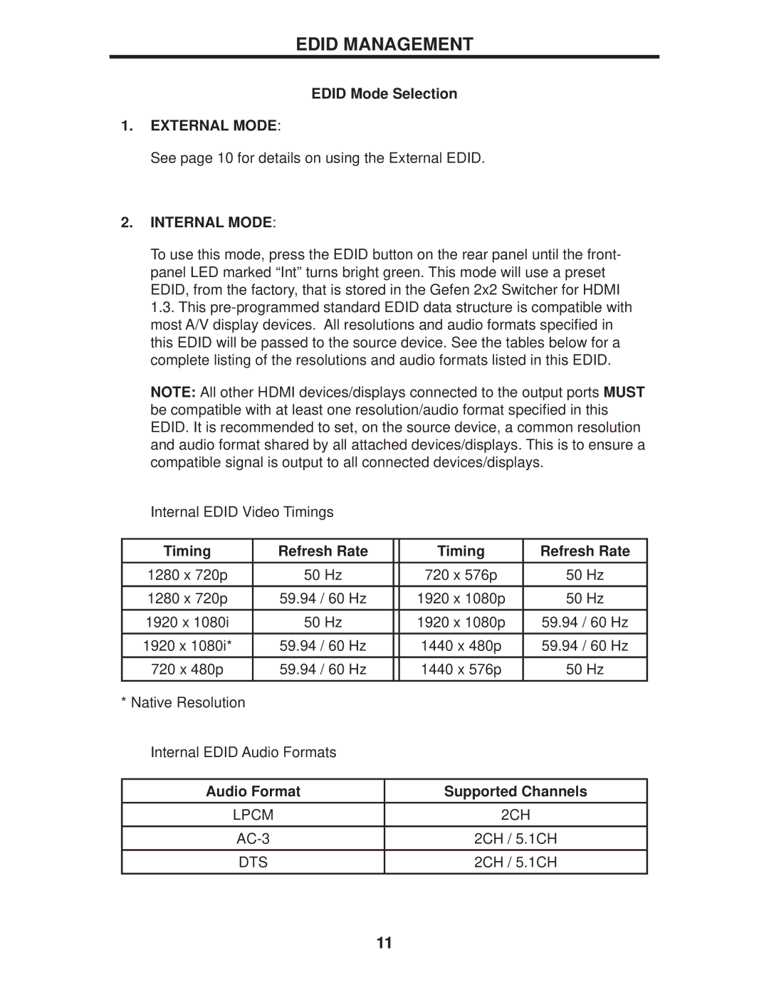 Gefen EXT-HDMI1.3-242 Edid Management, Edid Mode Selection, Timing Refresh Rate, Audio Format Supported Channels 