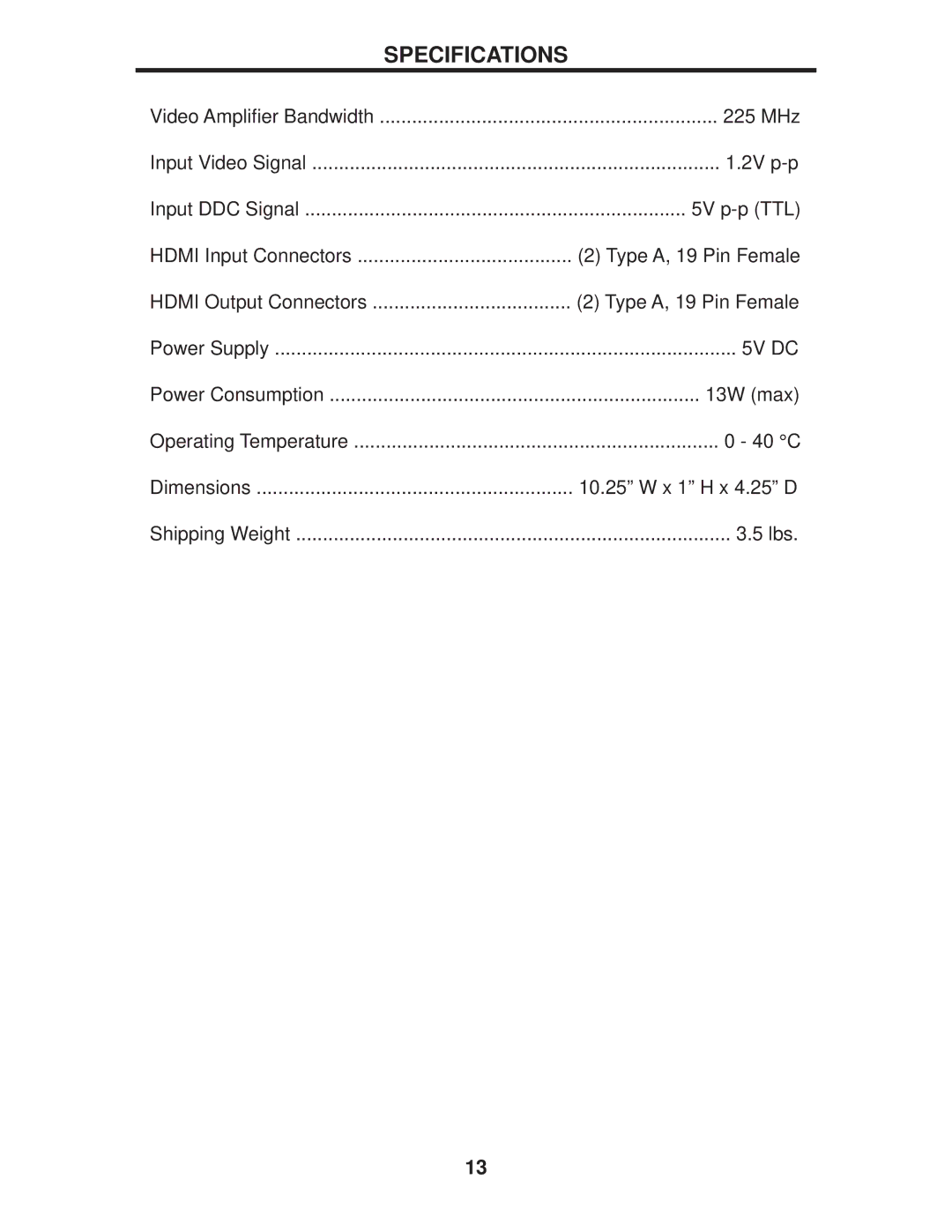 Gefen EXT-HDMI1.3-242 user manual Specifications, 5V DC 