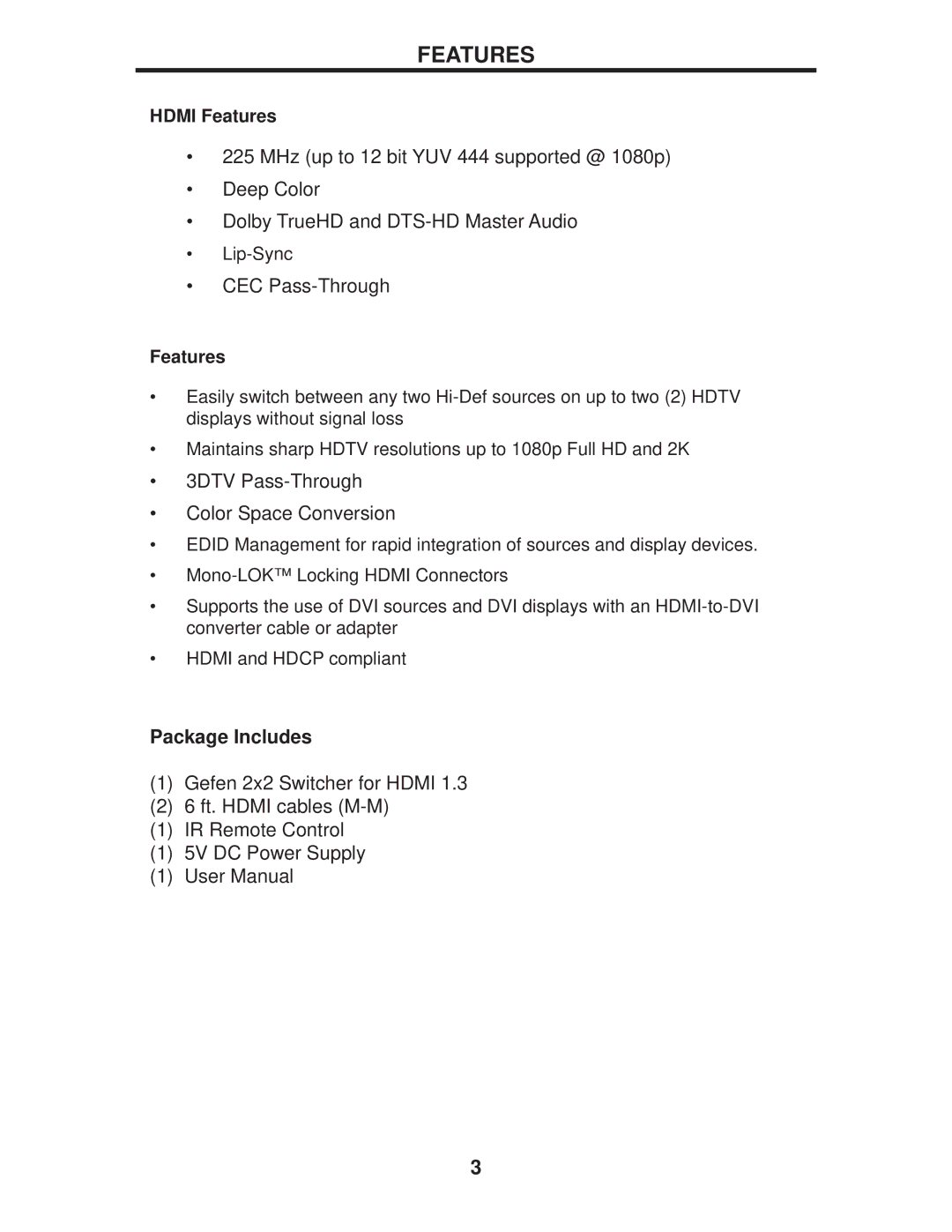 Gefen EXT-HDMI1.3-242 user manual Hdmi Features 