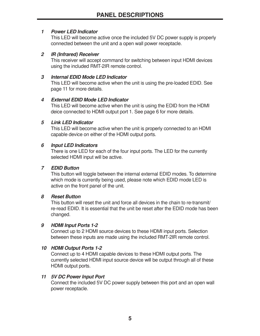 Gefen EXT-HDMI1.3-242 user manual Panel Descriptions, Power LED Indicator 