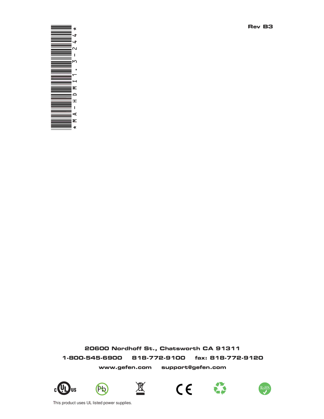 Gefen EXT-HDMI1.3-244 user manual Rev B3 Nordhoff St., Chatsworth CA 