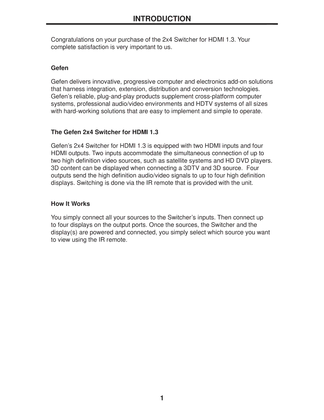 Gefen EXT-HDMI1.3-244 user manual Introduction, Gefen 2x4 Switcher for Hdmi, How It Works 