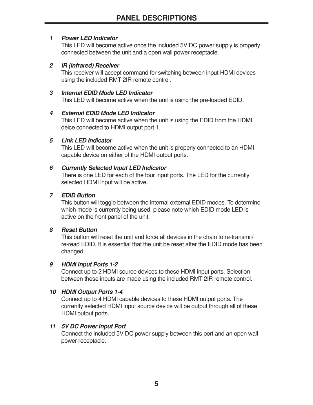 Gefen EXT-HDMI1.3-244 user manual Panel Descriptions, Power LED Indicator 