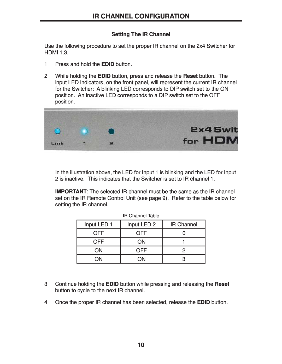 Gefen EXT-HDMI1.3-244 user manual Ir Channel Configuration, Setting The IR Channel 