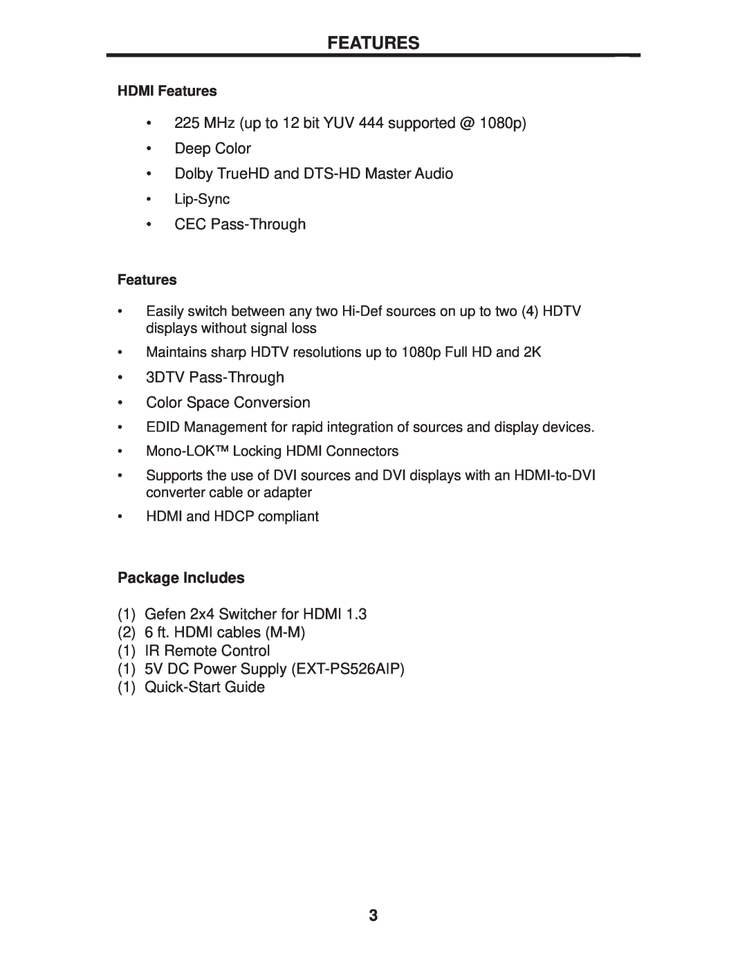 Gefen EXT-HDMI1.3-244 user manual Features, Package Includes 