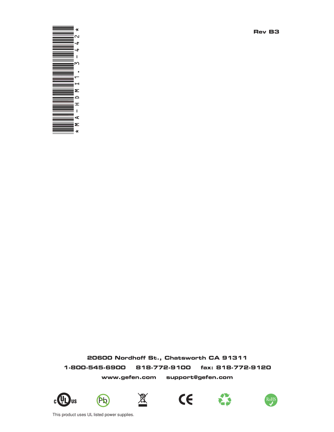 Gefen EXT-HDMI1.3-442 user manual Rev B3 Nordhoff St., Chatsworth CA 