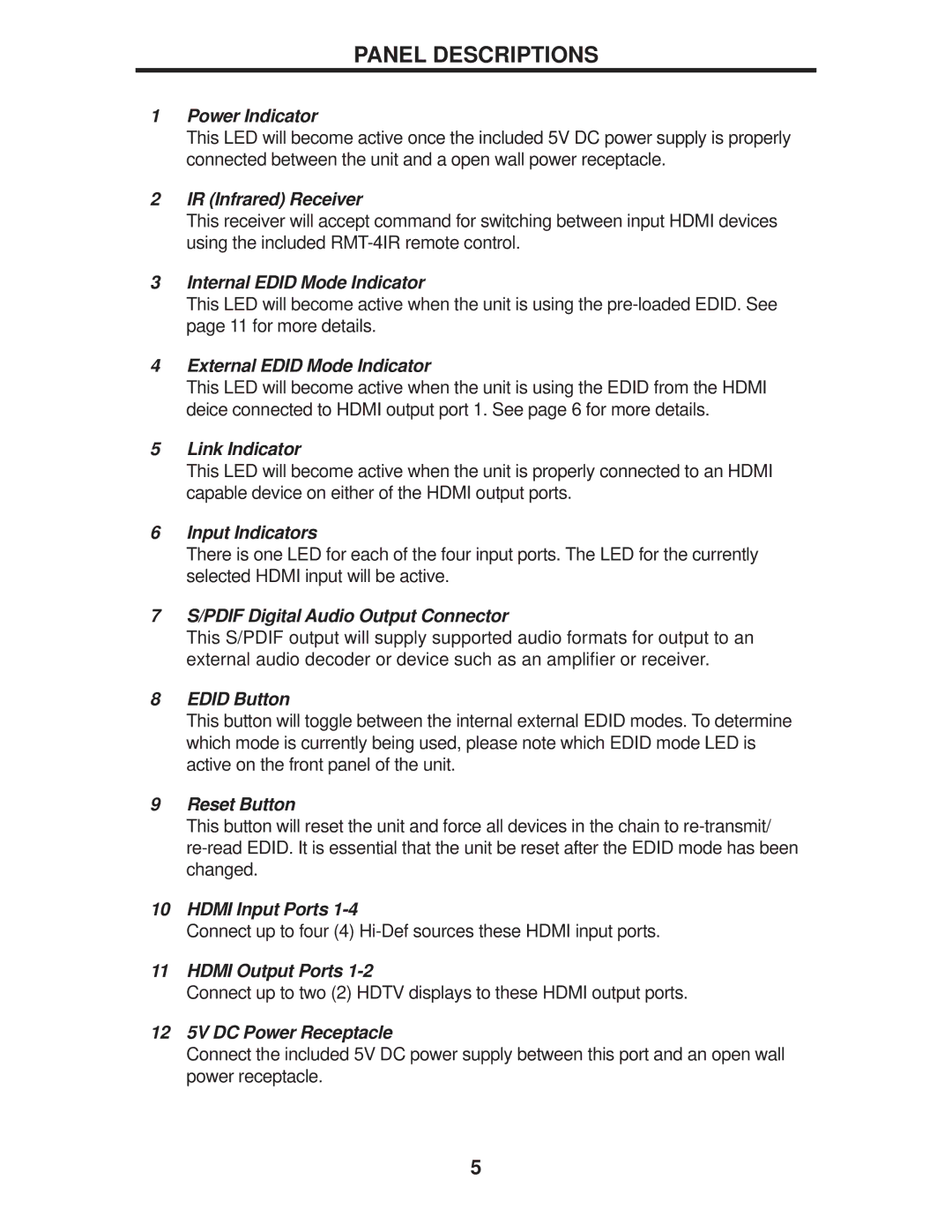 Gefen EXT-HDMI1.3-442 user manual Panel Descriptions, Power Indicator 