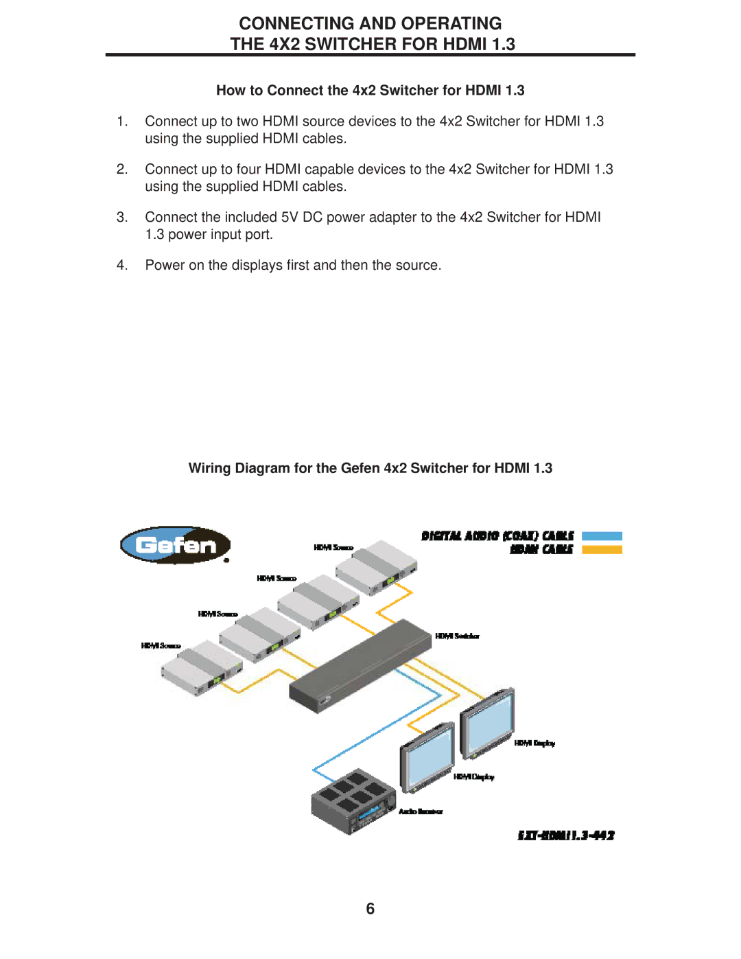 Gefen EXT-HDMI1.3-442 user manual Connecting and Operating 4X2 Switcher for Hdmi, How to Connect the 4x2 Switcher for Hdmi 