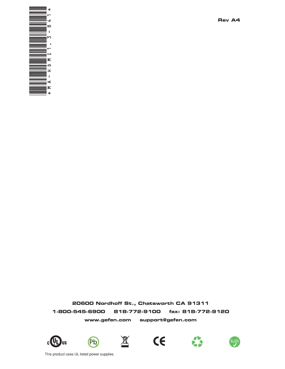 Gefen EXT-HDMI1.3-841 user manual Rev A4 Nordhoff St., Chatsworth CA 