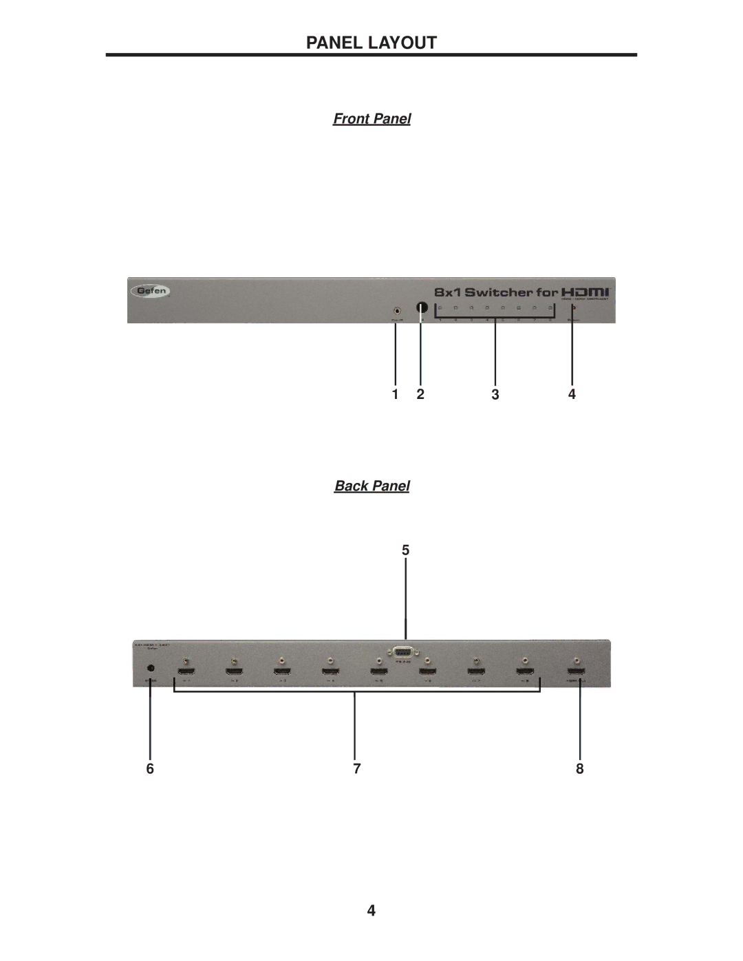 Gefen EXT-HDMI1.3-841 user manual Panel Layout, Front Panel Back Panel 