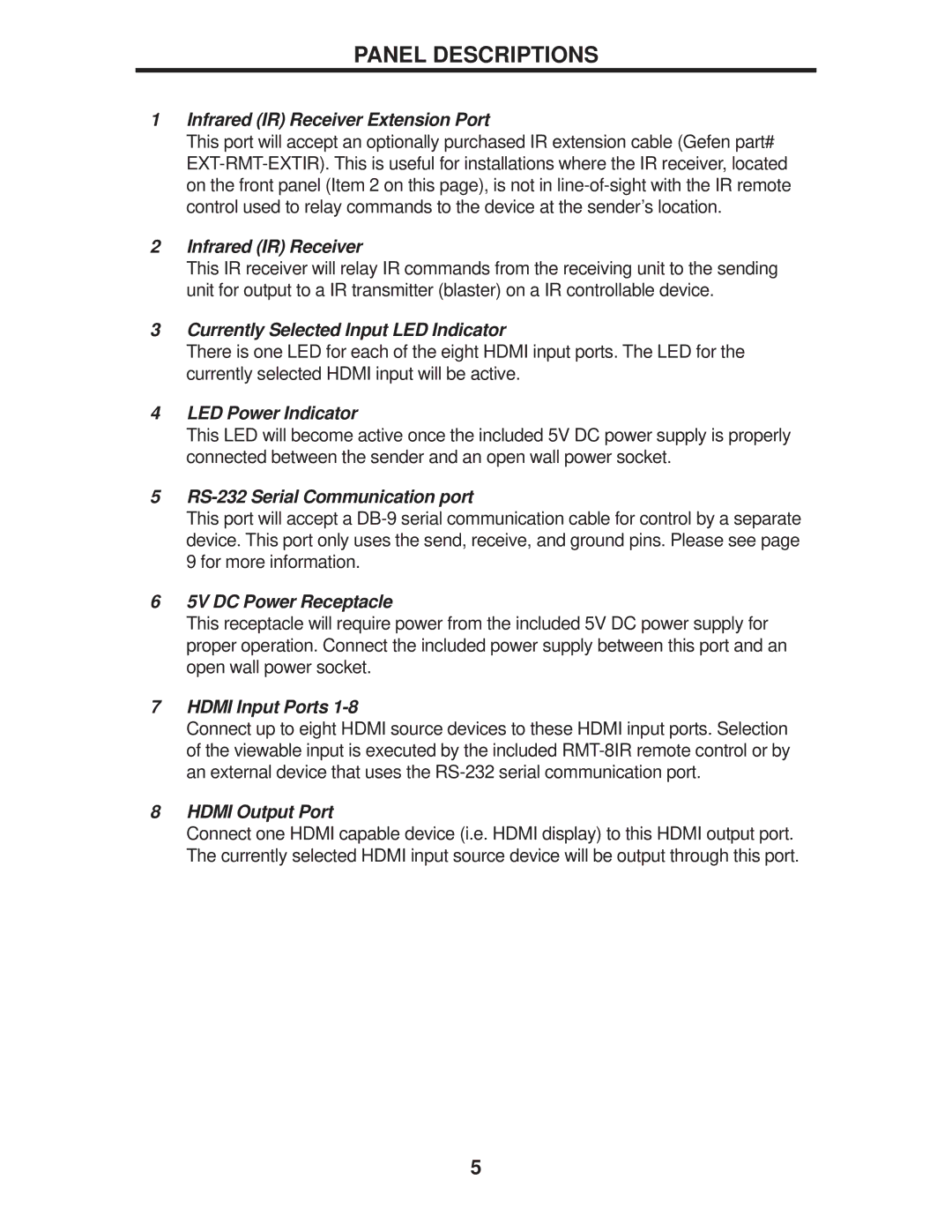 Gefen EXT-HDMI1.3-841 user manual Panel Descriptions 