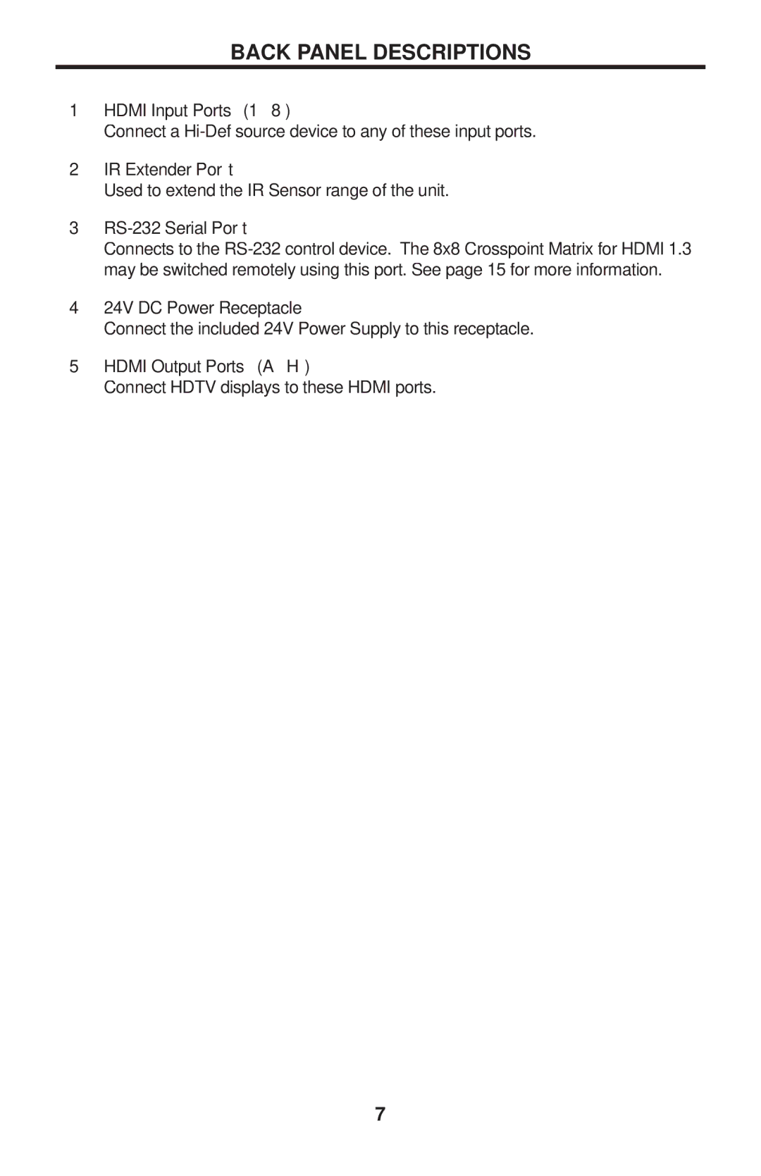 Gefen EXT-HDMI1.3-848CPN user manual Back Panel Descriptions, RS-232 Serial Port 