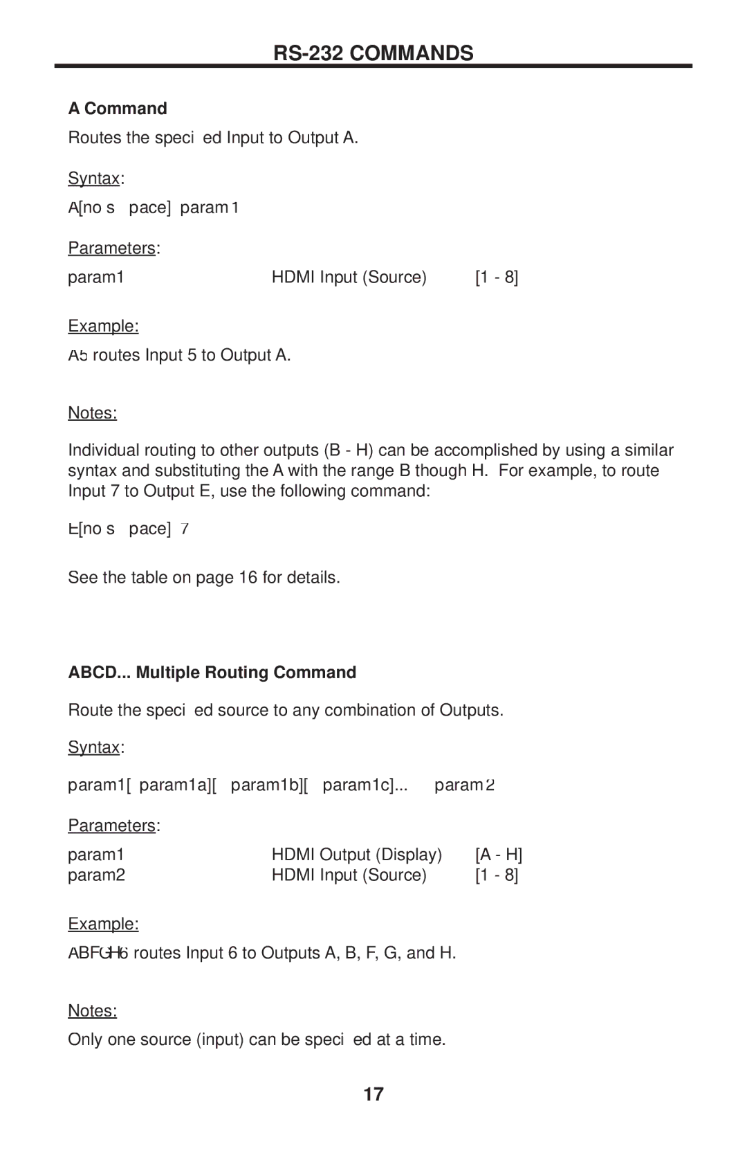 Gefen EXT-HDMI1.3-848CPN user manual ABCD... Multiple Routing Command 