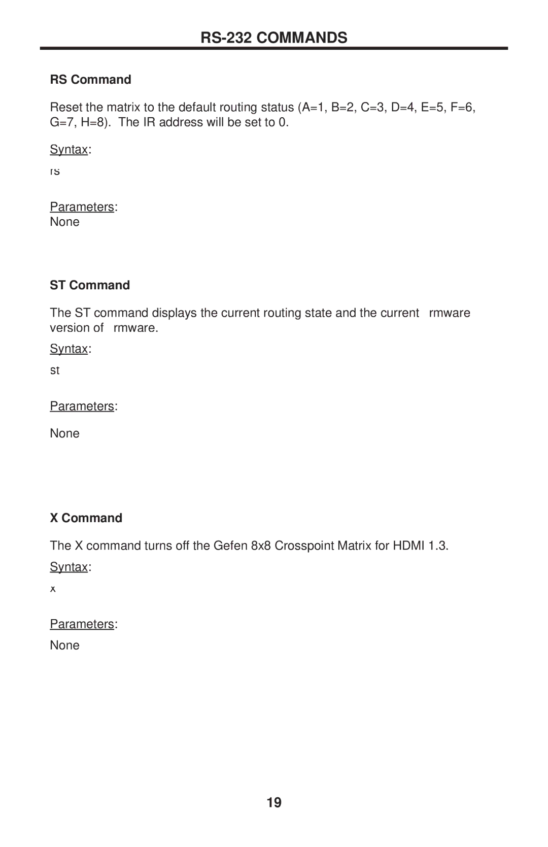 Gefen EXT-HDMI1.3-848CPN user manual RS Command, ST Command 