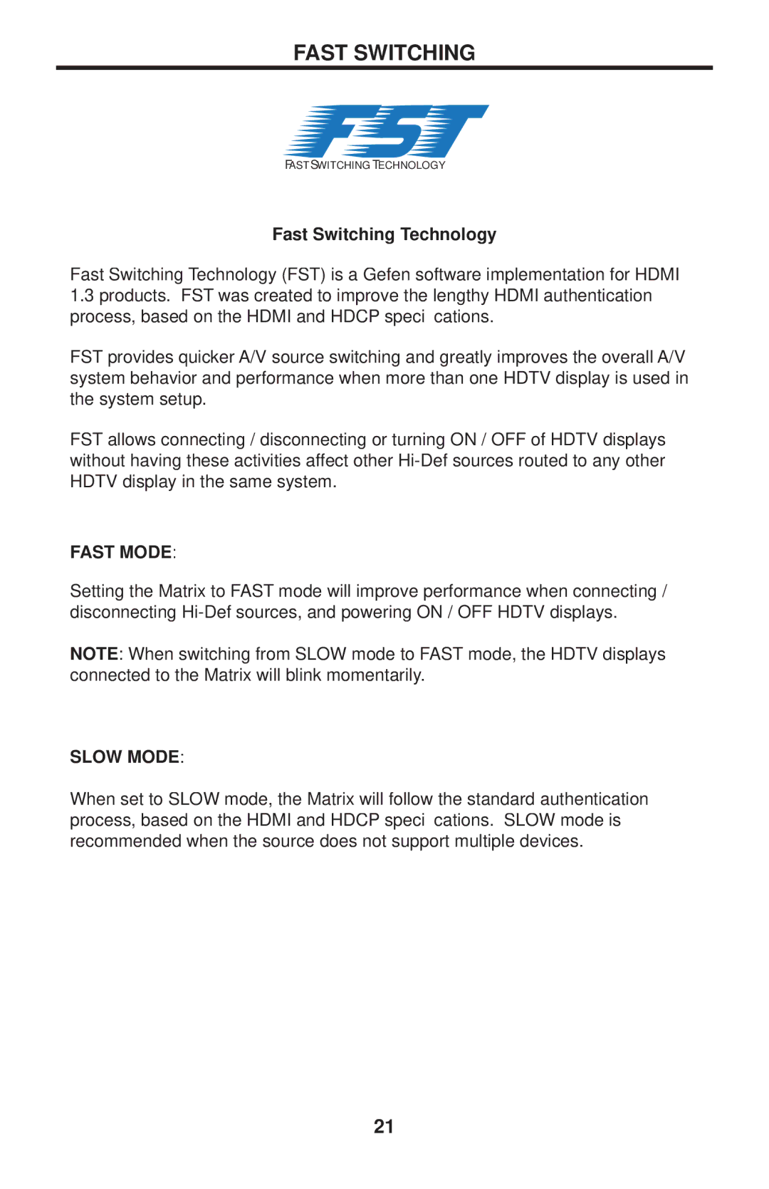 Gefen EXT-HDMI1.3-848CPN user manual Fast Switching Technology 