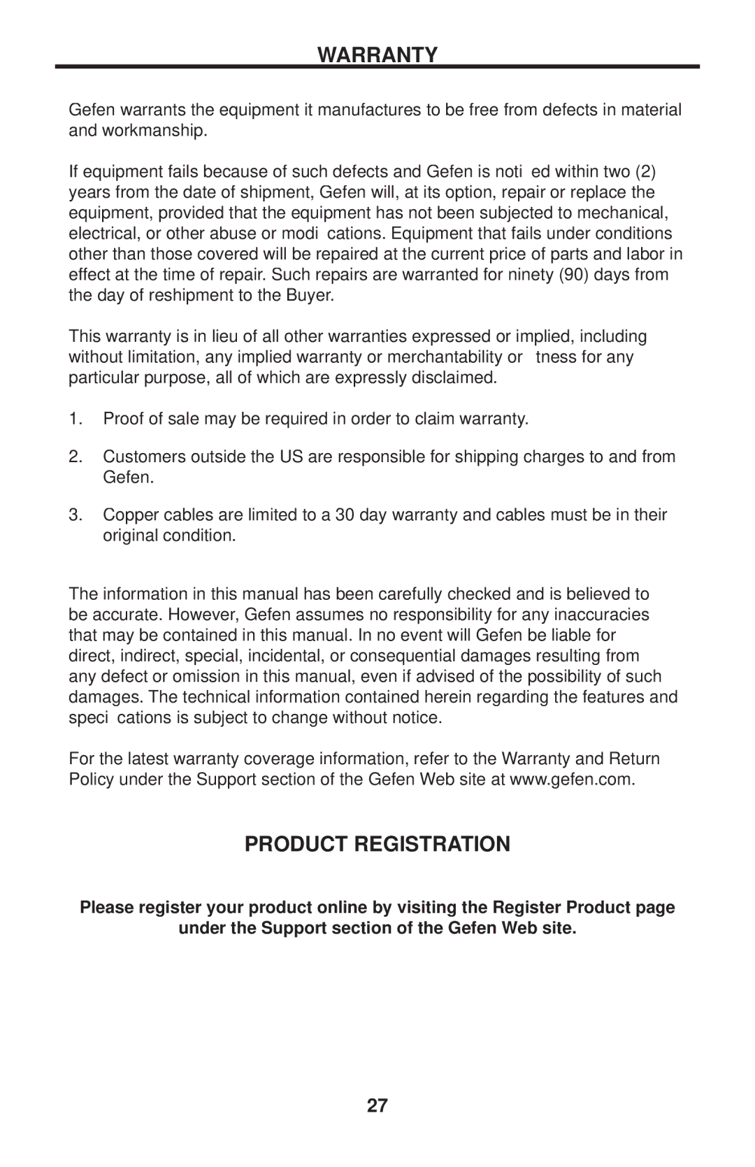 Gefen EXT-HDMI1.3-848CPN user manual Warranty, Product Registration 