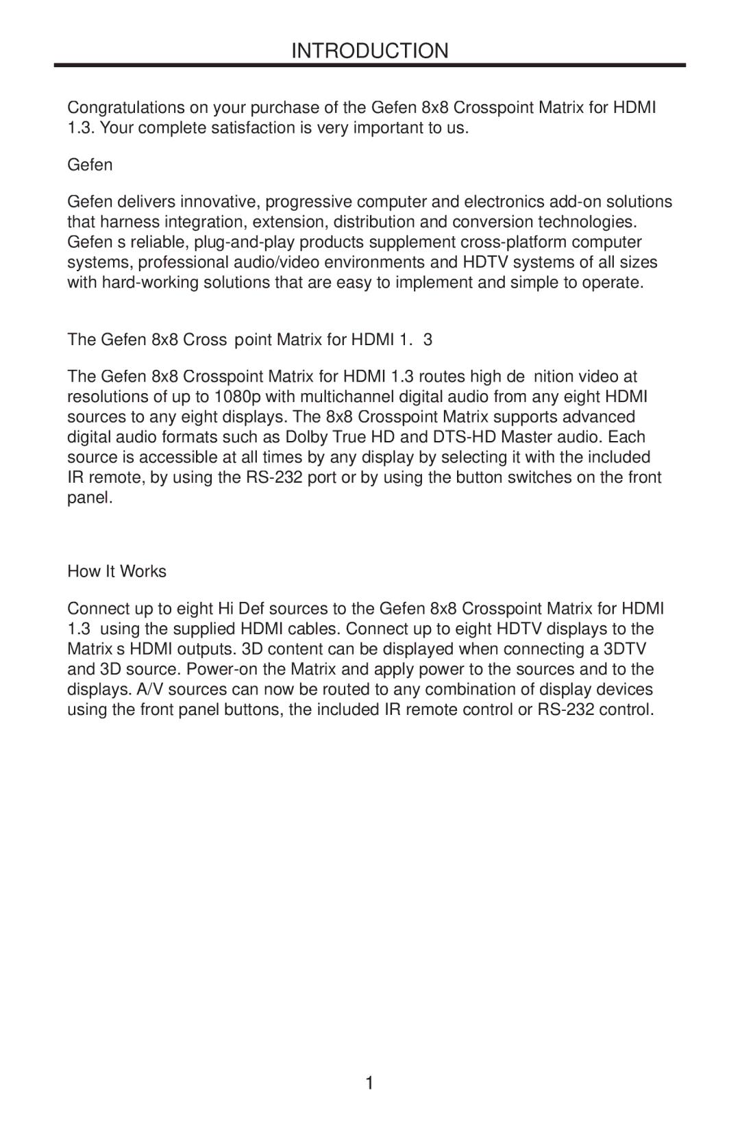 Gefen EXT-HDMI1.3-848CPN user manual Introduction, Gefen 8x8 Crosspoint Matrix for Hdmi, How It Works 