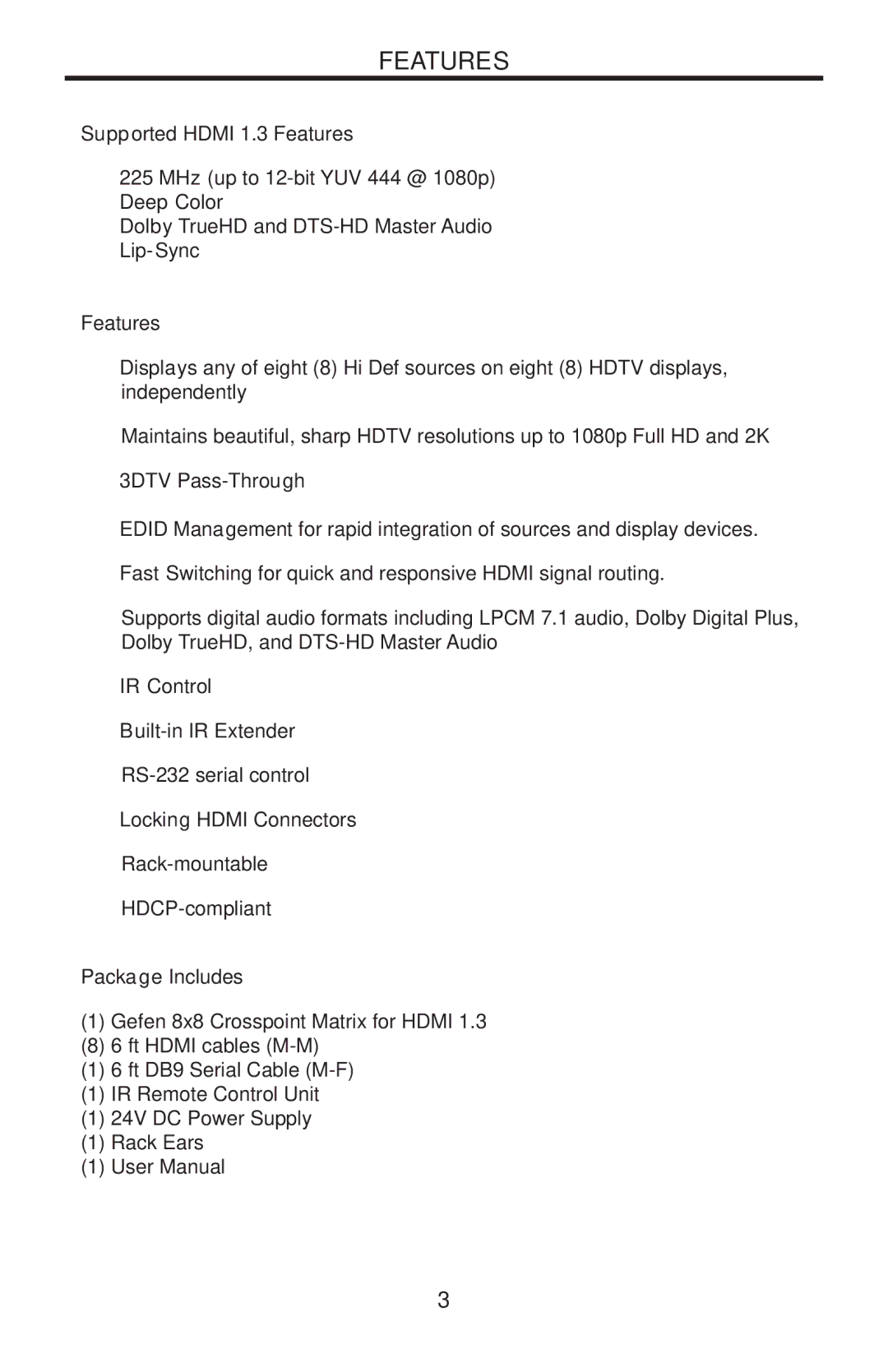 Gefen EXT-HDMI1.3-848CPN user manual Supported Hdmi 1.3 Features, Package Includes 