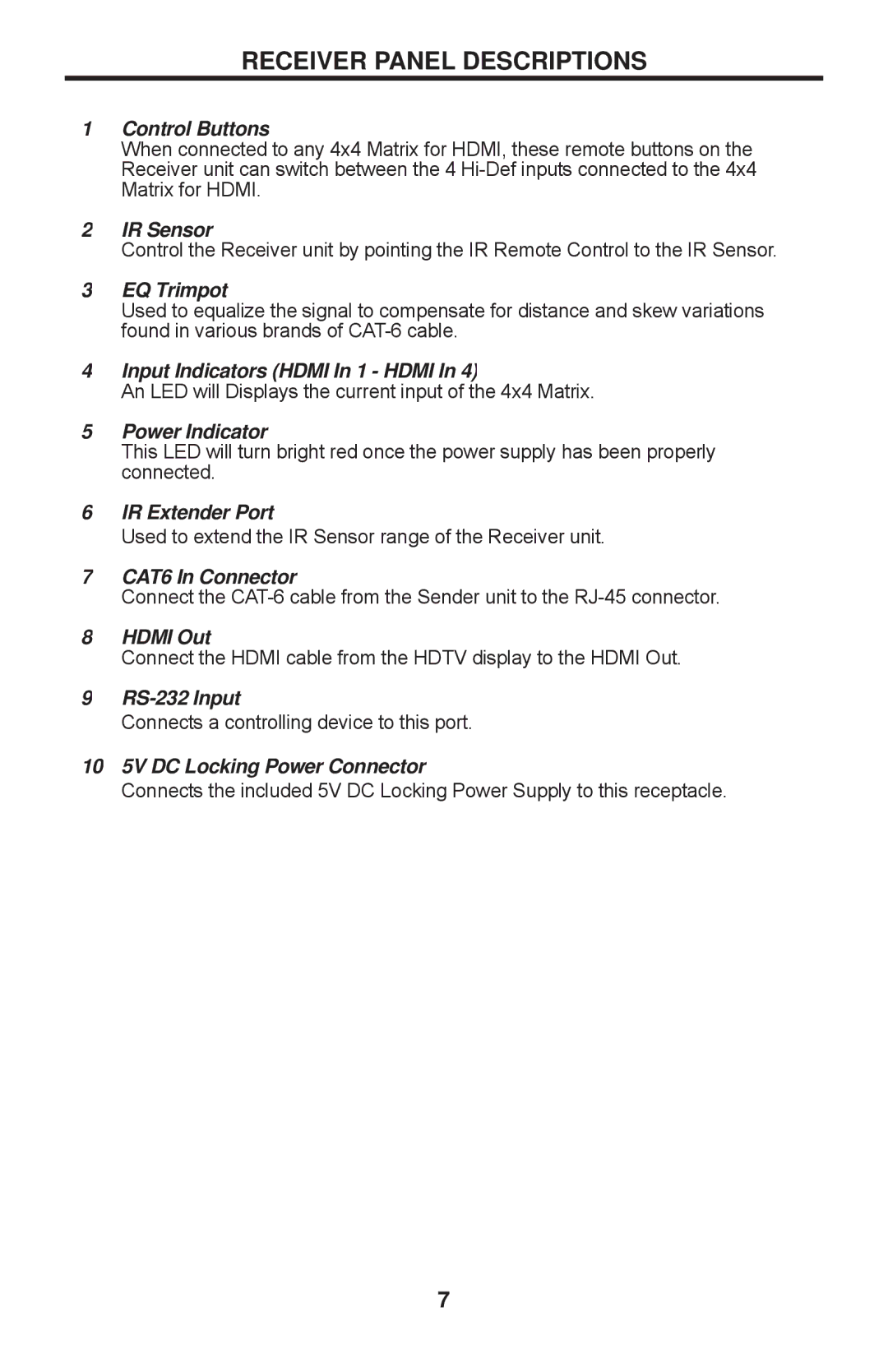 Gefen EXT-HDMI1.3-CAT6-4X user manual Receiver Panel Descriptions, Control Buttons 