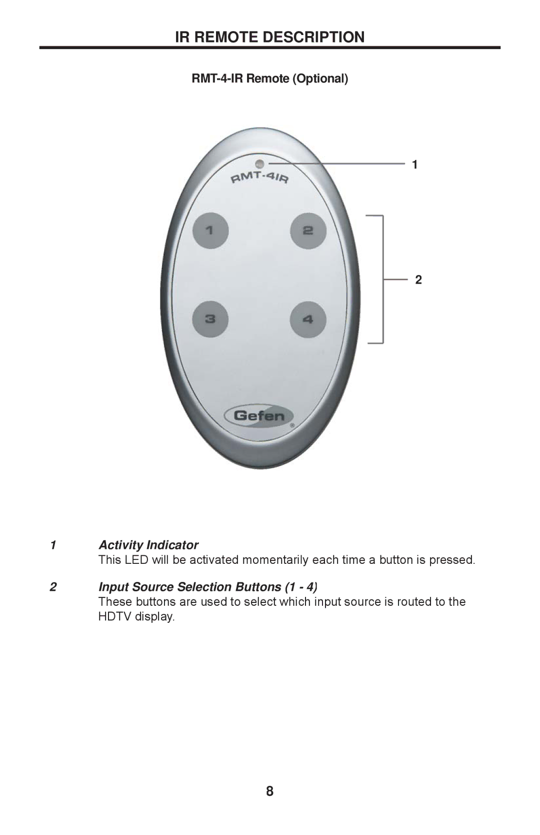 Gefen EXT-HDMI1.3-CAT6-4X user manual IR Remote Description, RMT-4-IR Remote Optional 