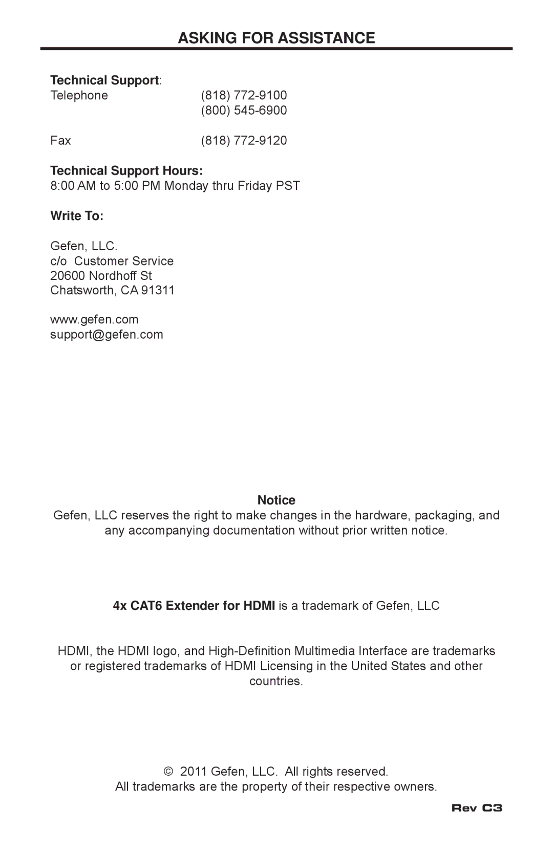 Gefen EXT-HDMI1.3-CAT6-4X user manual Asking for Assistance, Technical Support Hours, Write To 