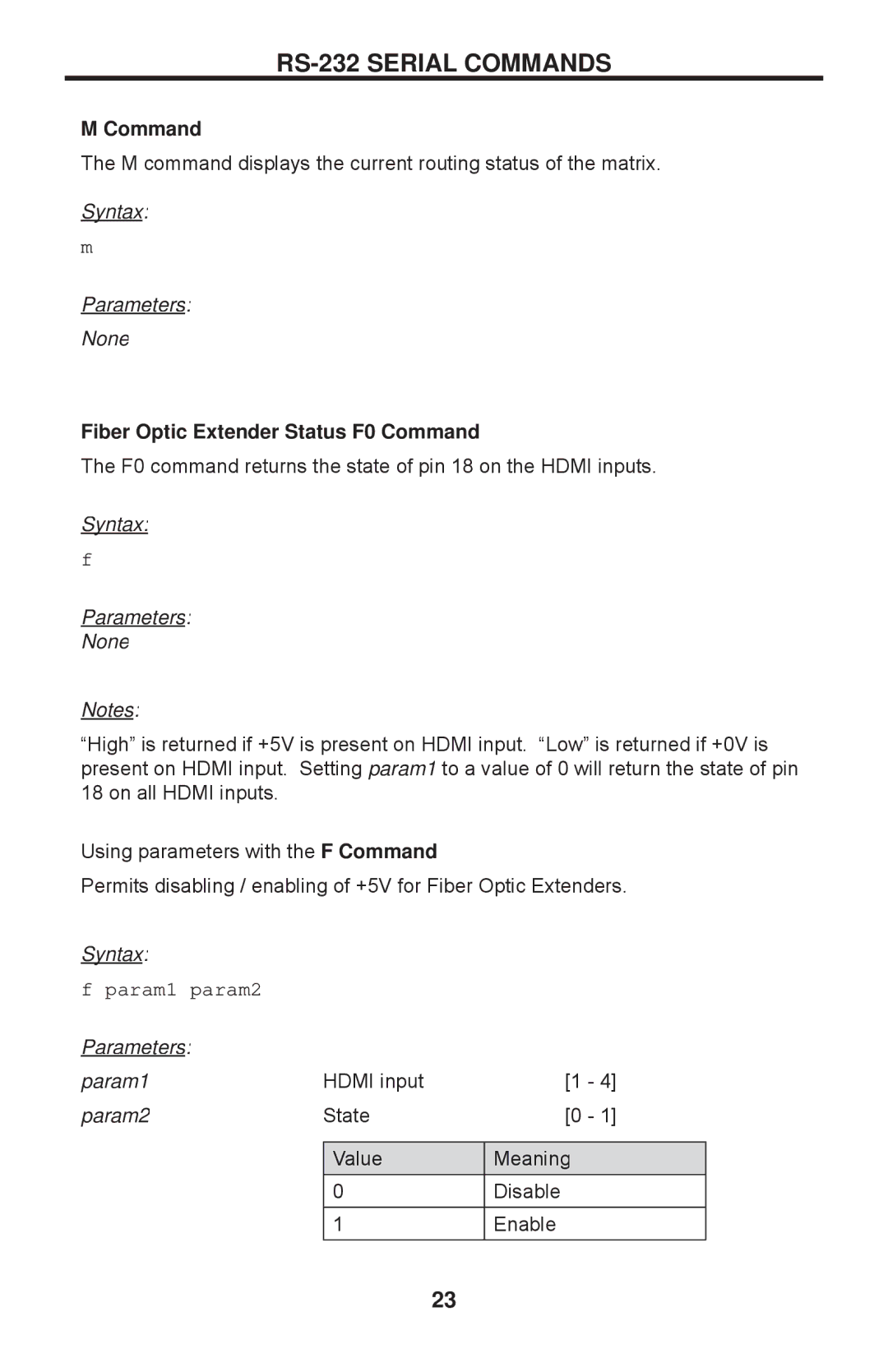 Gefen EXT-HDMI1.3-CAT6-4X user manual Fiber Optic Extender Status F0 Command 