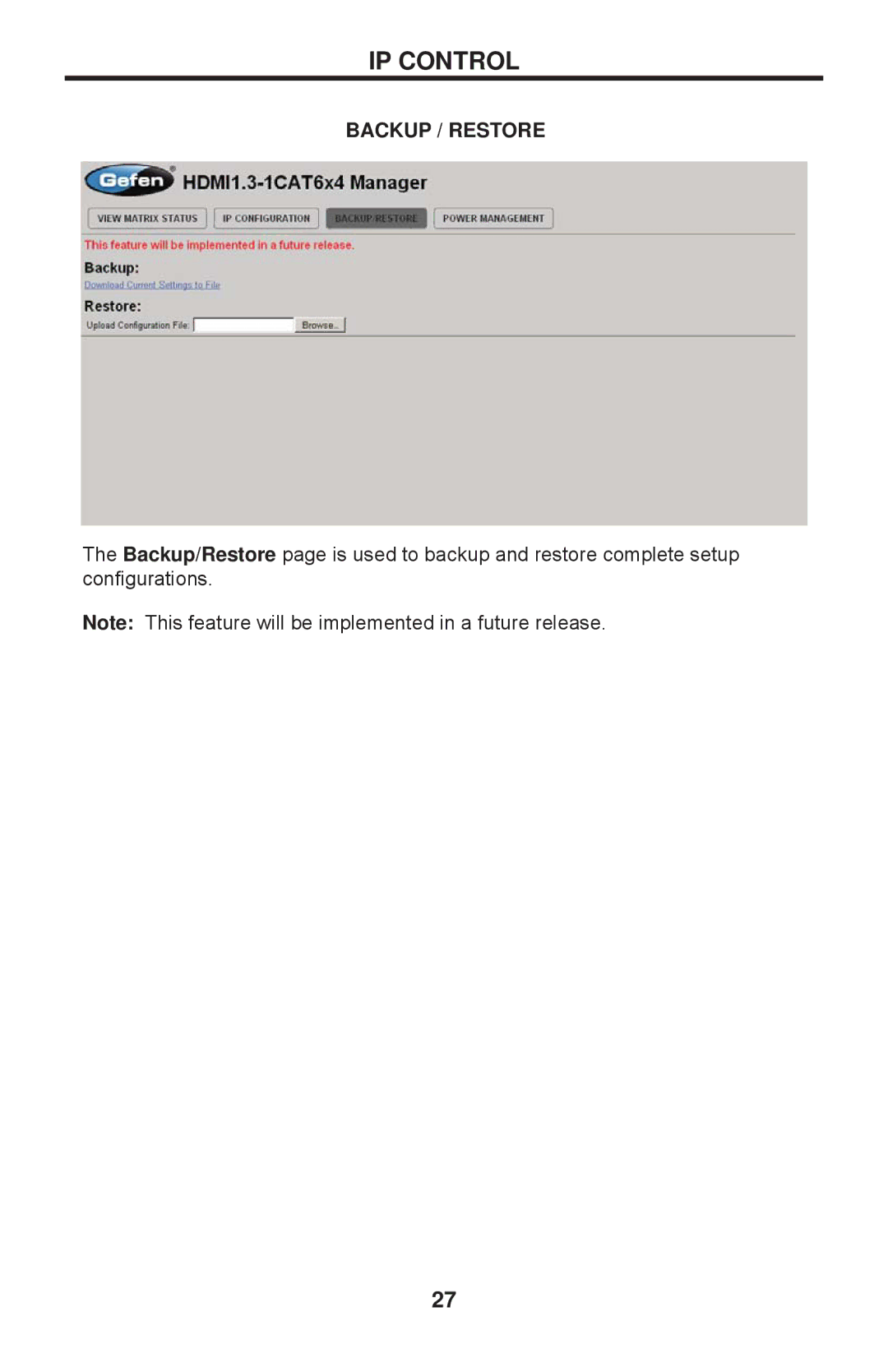 Gefen EXT-HDMI1.3-CAT6-4X user manual Backup / Restore 