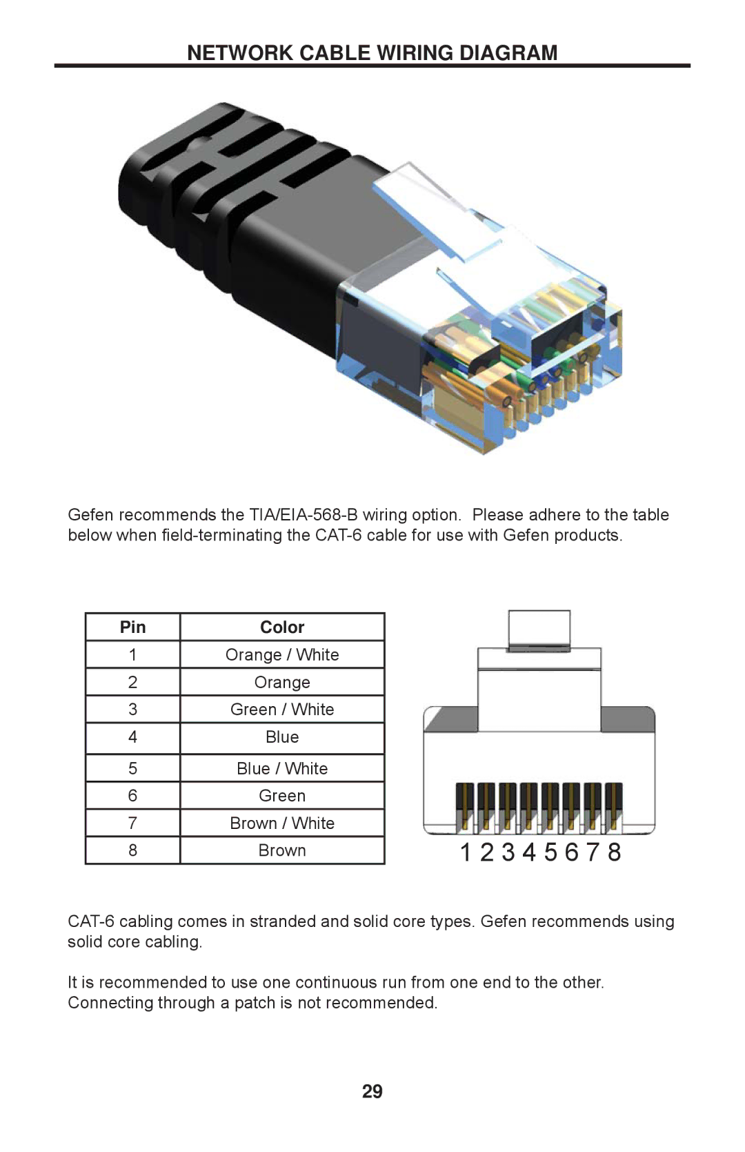 Gefen EXT-HDMI1.3-CAT6-4X user manual Network Cable Wiring Diagram, Pin Color 