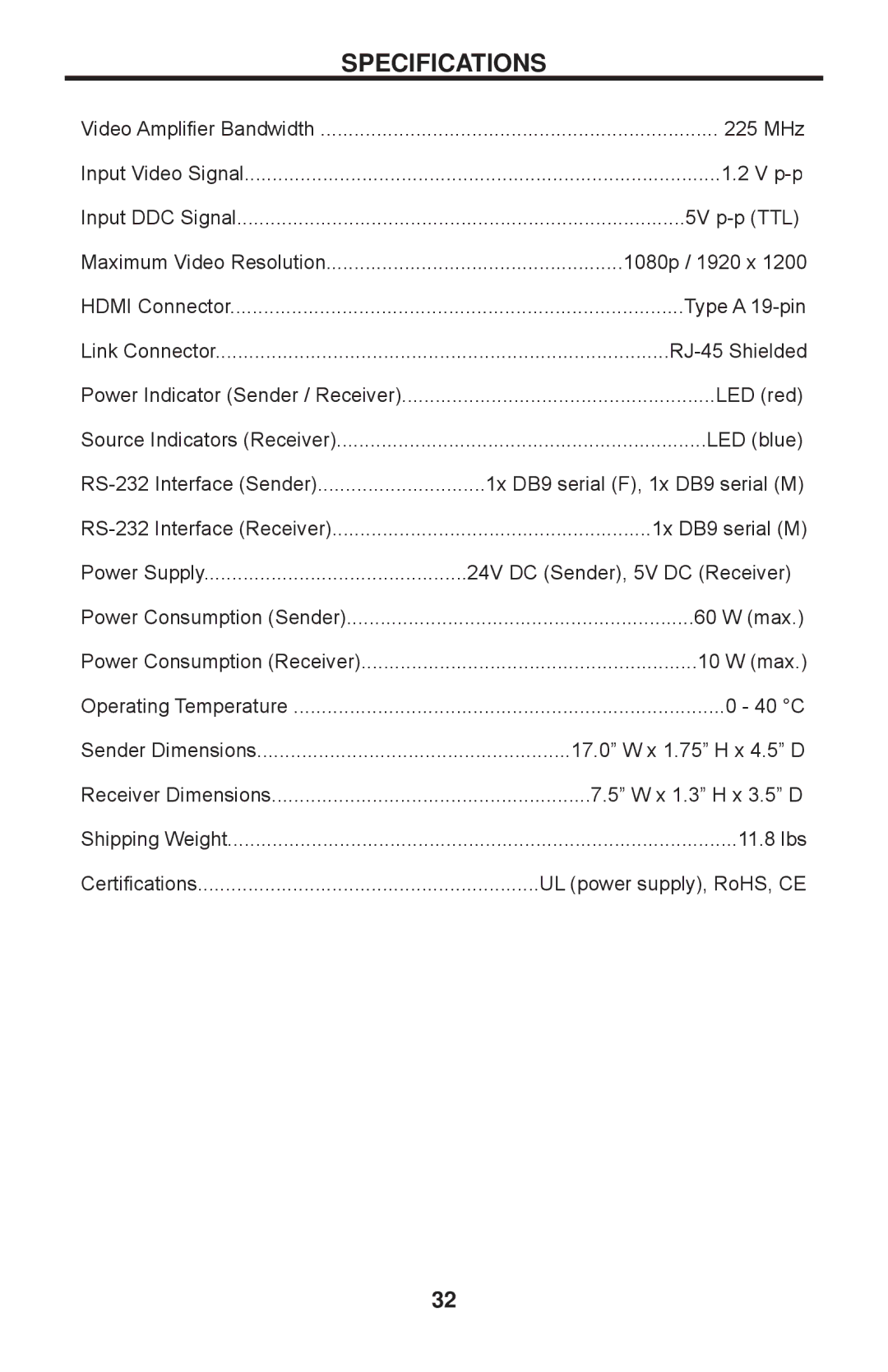 Gefen EXT-HDMI1.3-CAT6-4X user manual Specifications 