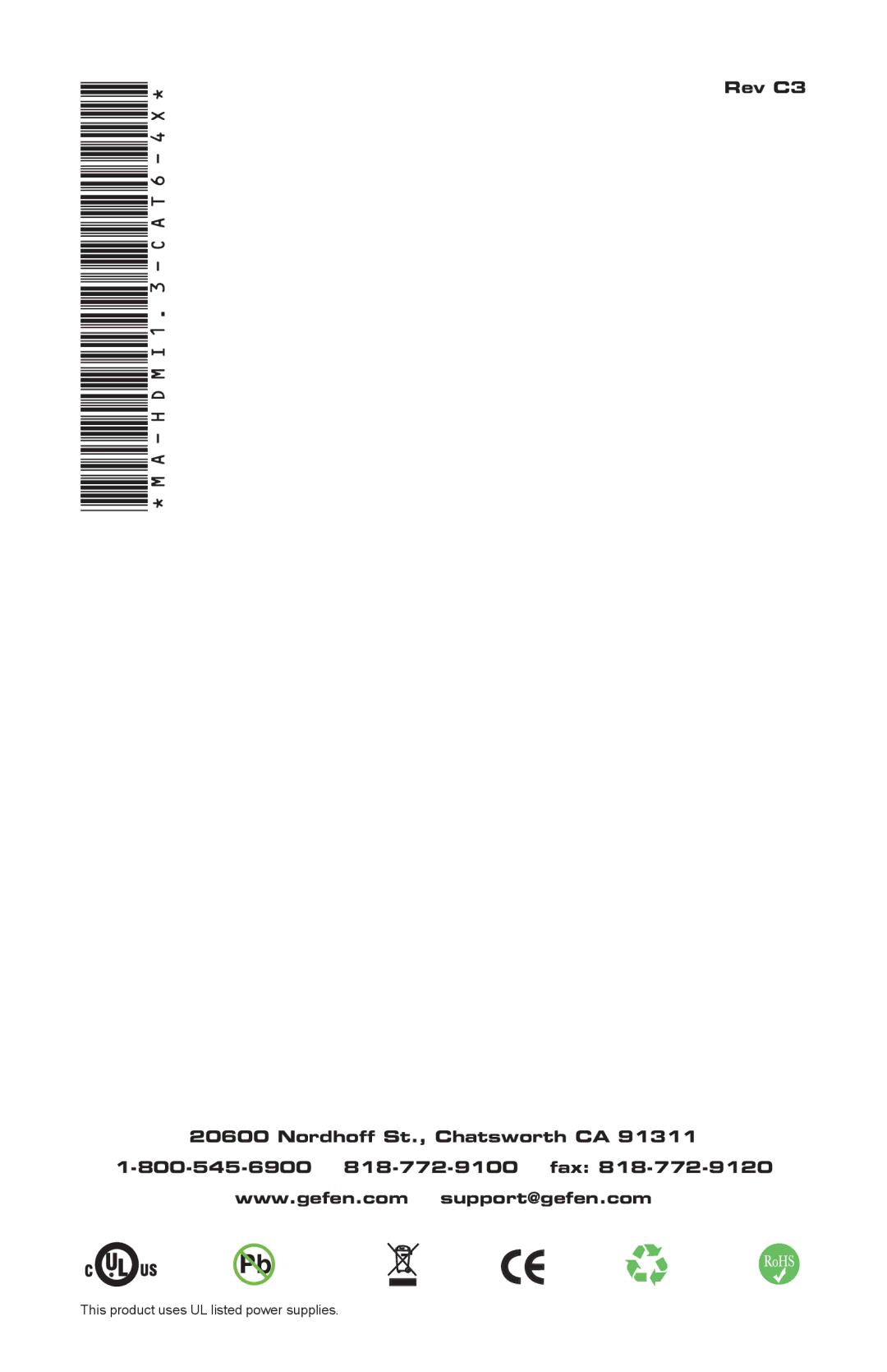 Gefen EXT-HDMI1.3-CAT6-4X user manual Rev C3 Nordhoff St., Chatsworth CA 