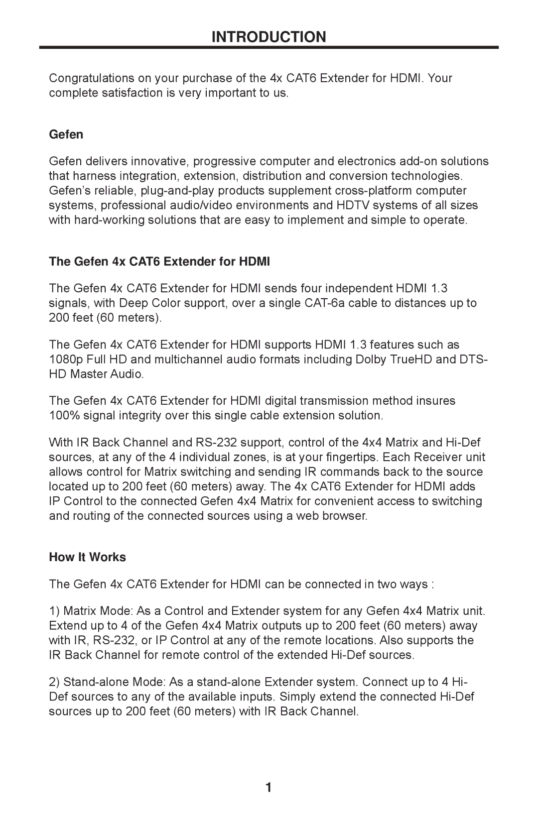 Gefen EXT-HDMI1.3-CAT6-4X user manual Introduction, Gefen 4x CAT6 Extender for Hdmi, How It Works 