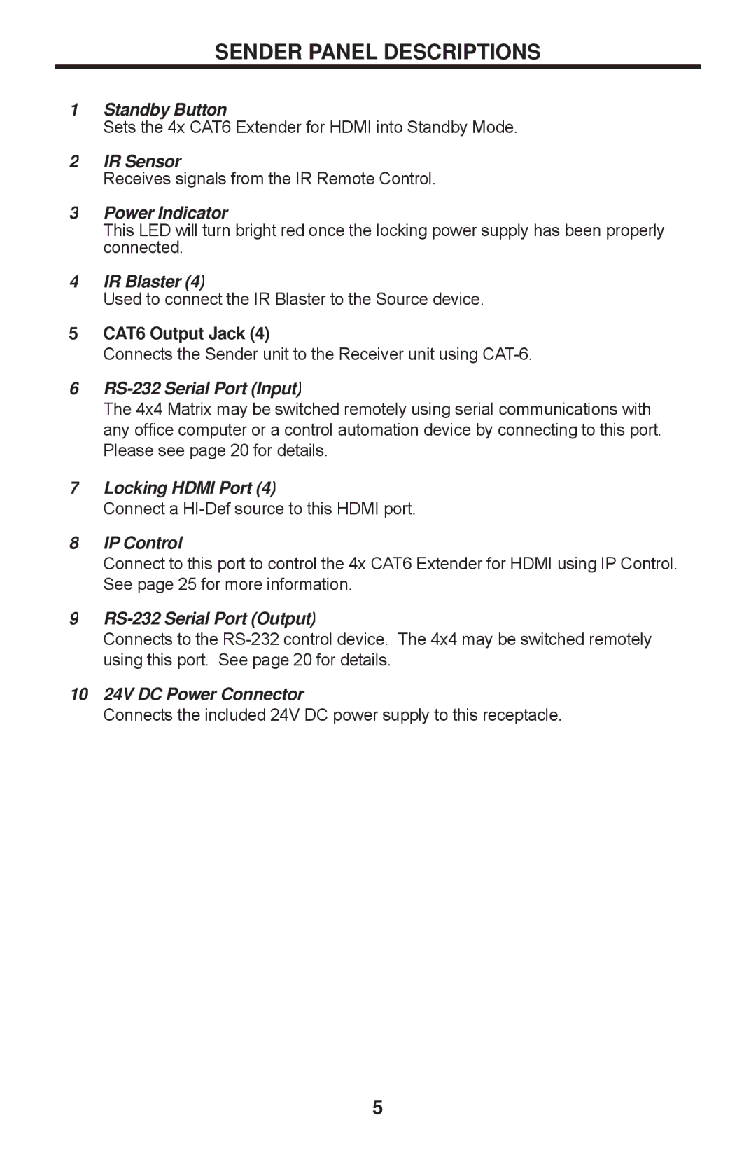 Gefen EXT-HDMI1.3-CAT6-4X user manual Sender Panel Descriptions, CAT6 Output Jack 