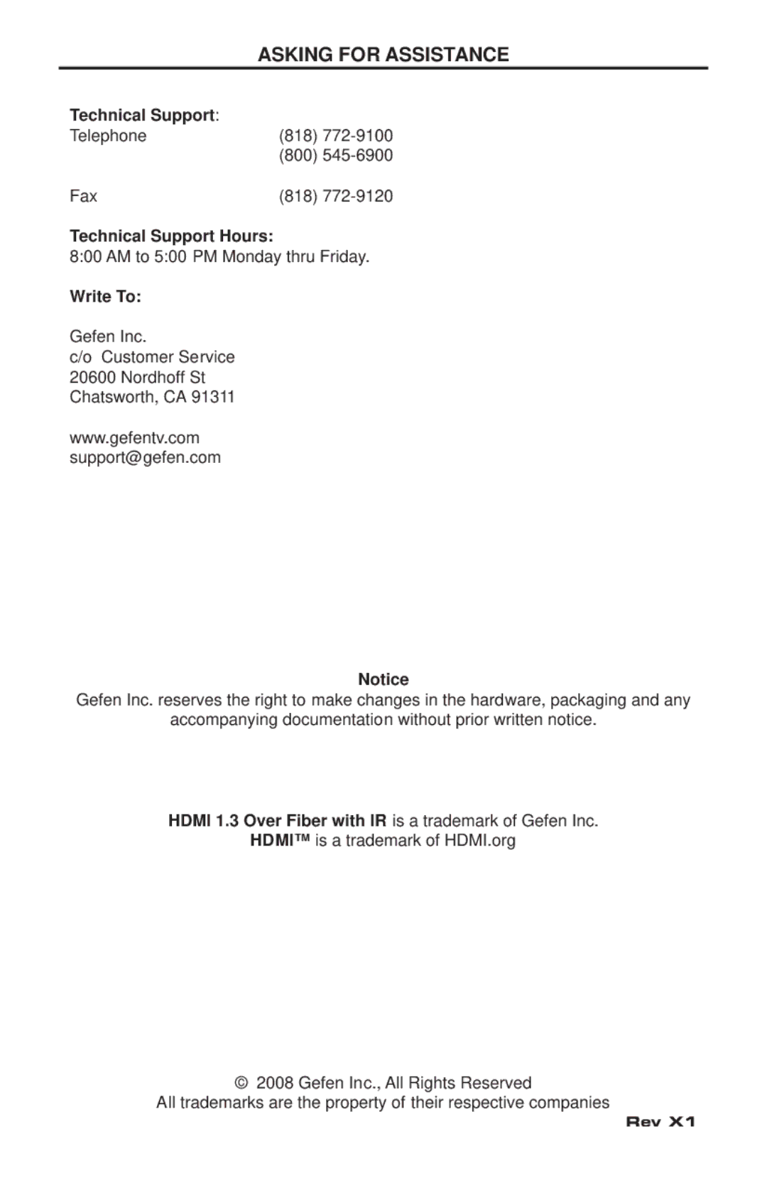 Gefen EXT-HDMI1.3IR-FO-141 Technical Support Hours, Write To, Hdmi 1.3 Over Fiber with IR is a trademark of Gefen Inc 