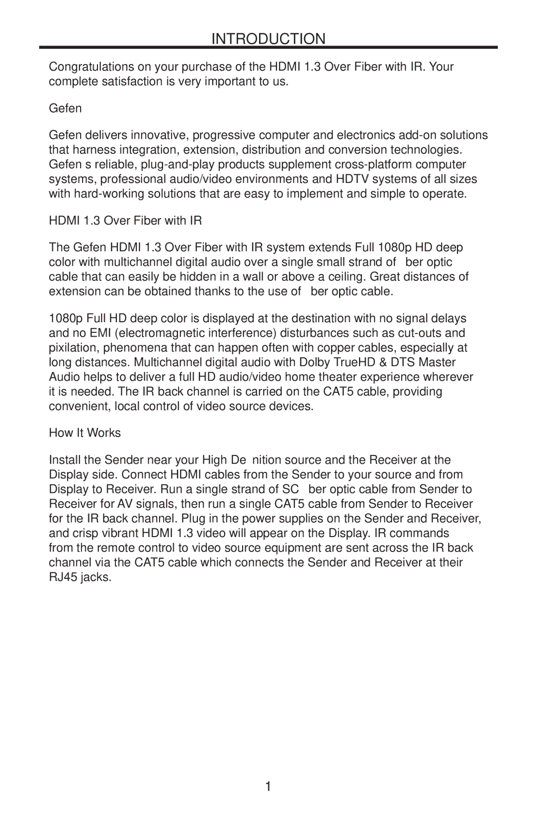 Gefen EXT-HDMI1.3IR-FO-141 user manual Introduction, Gefen, Hdmi 1.3 Over Fiber with IR, How It Works 