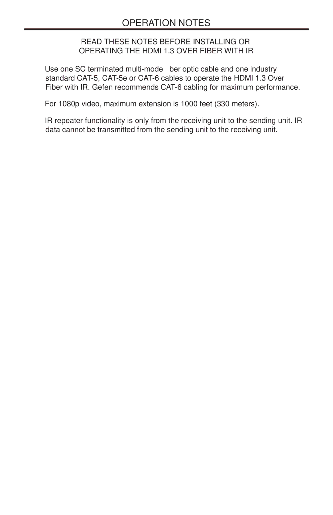 Gefen EXT-HDMI1.3IR-FO-141 user manual Operation Notes 