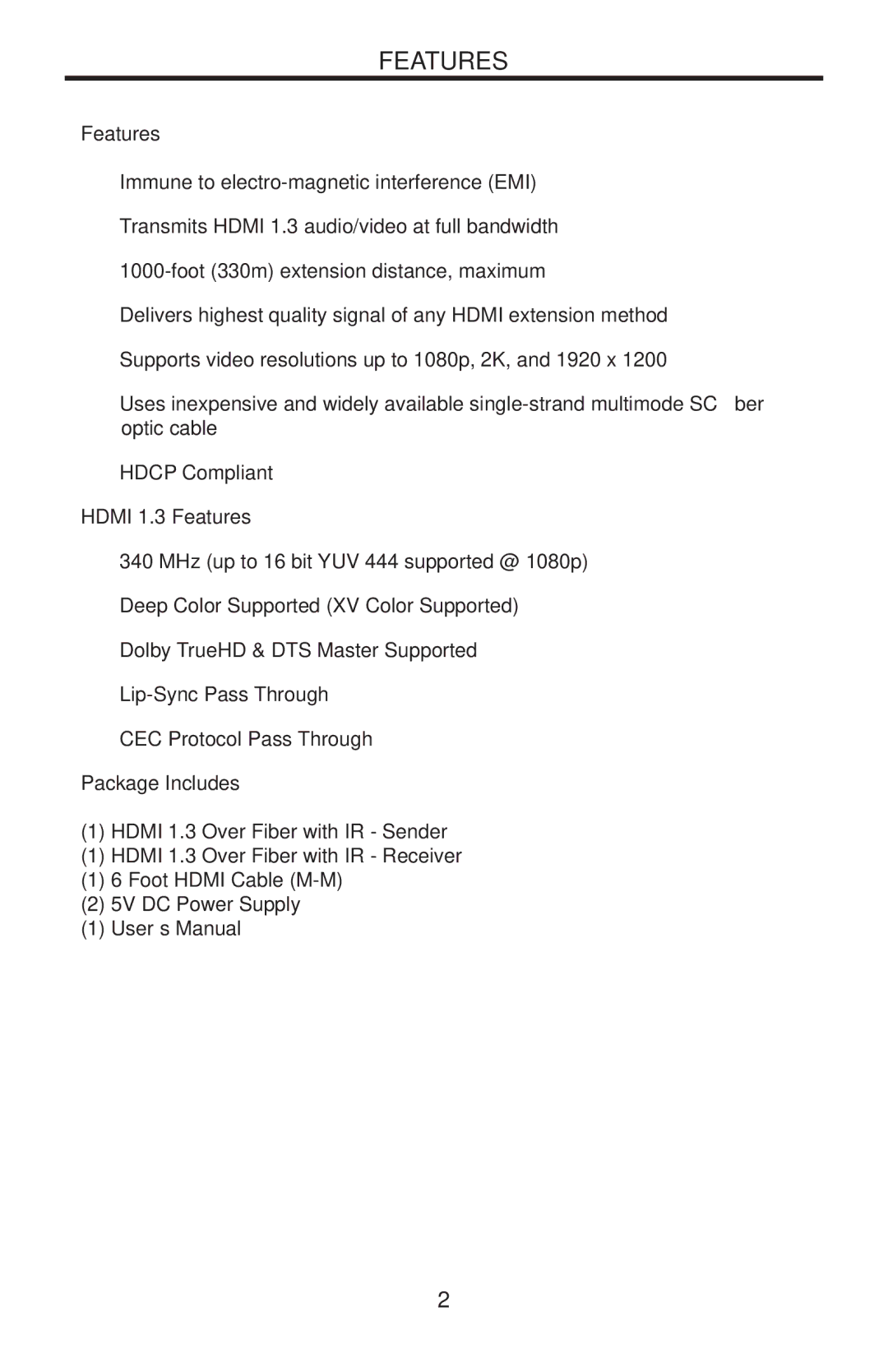 Gefen EXT-HDMI1.3IR-FO-141 user manual Hdmi 1.3 Features, Package Includes 