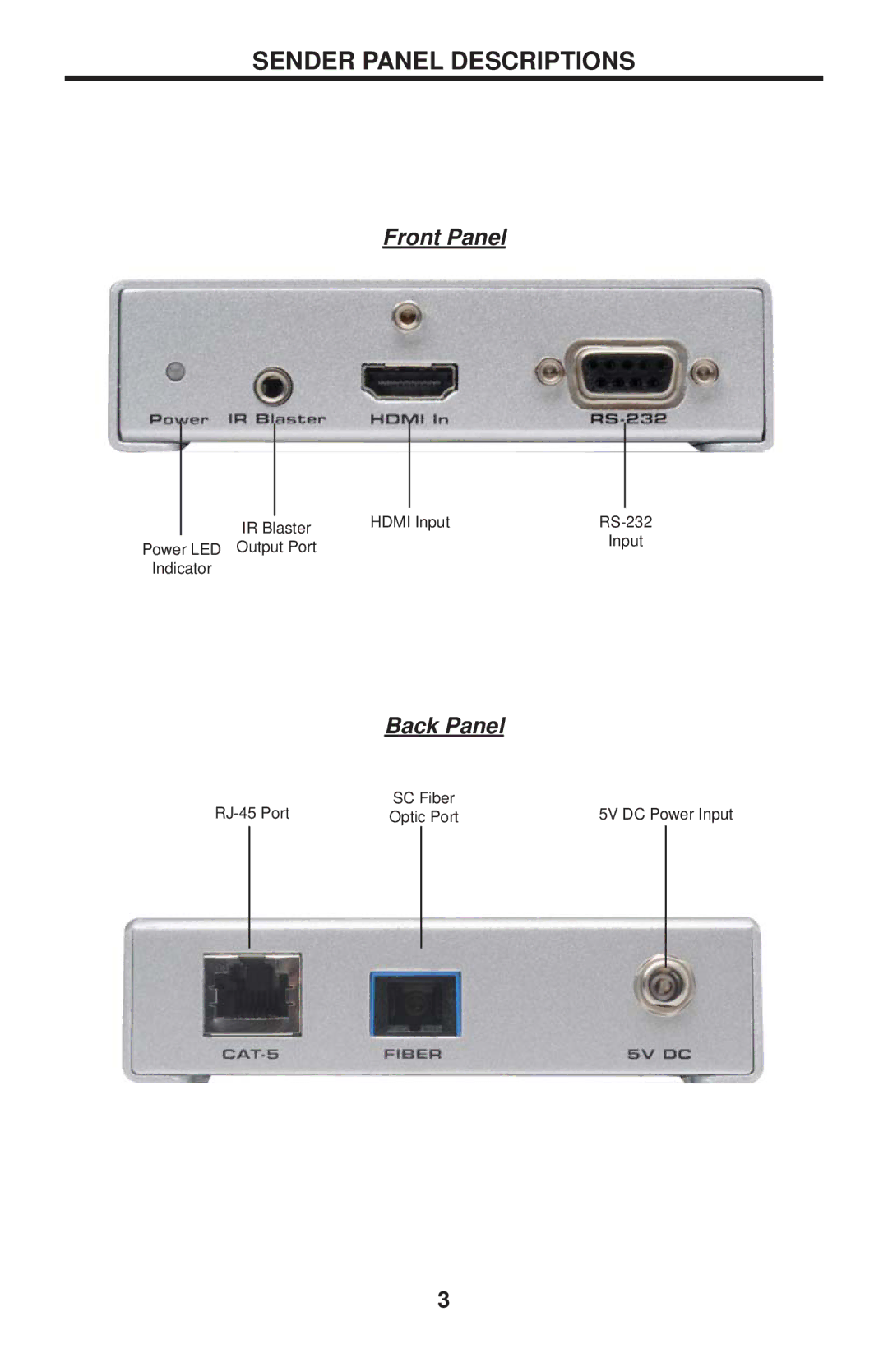 Gefen EXT-HDMI1.3IR-FO-141 user manual Sender Panel Descriptions 