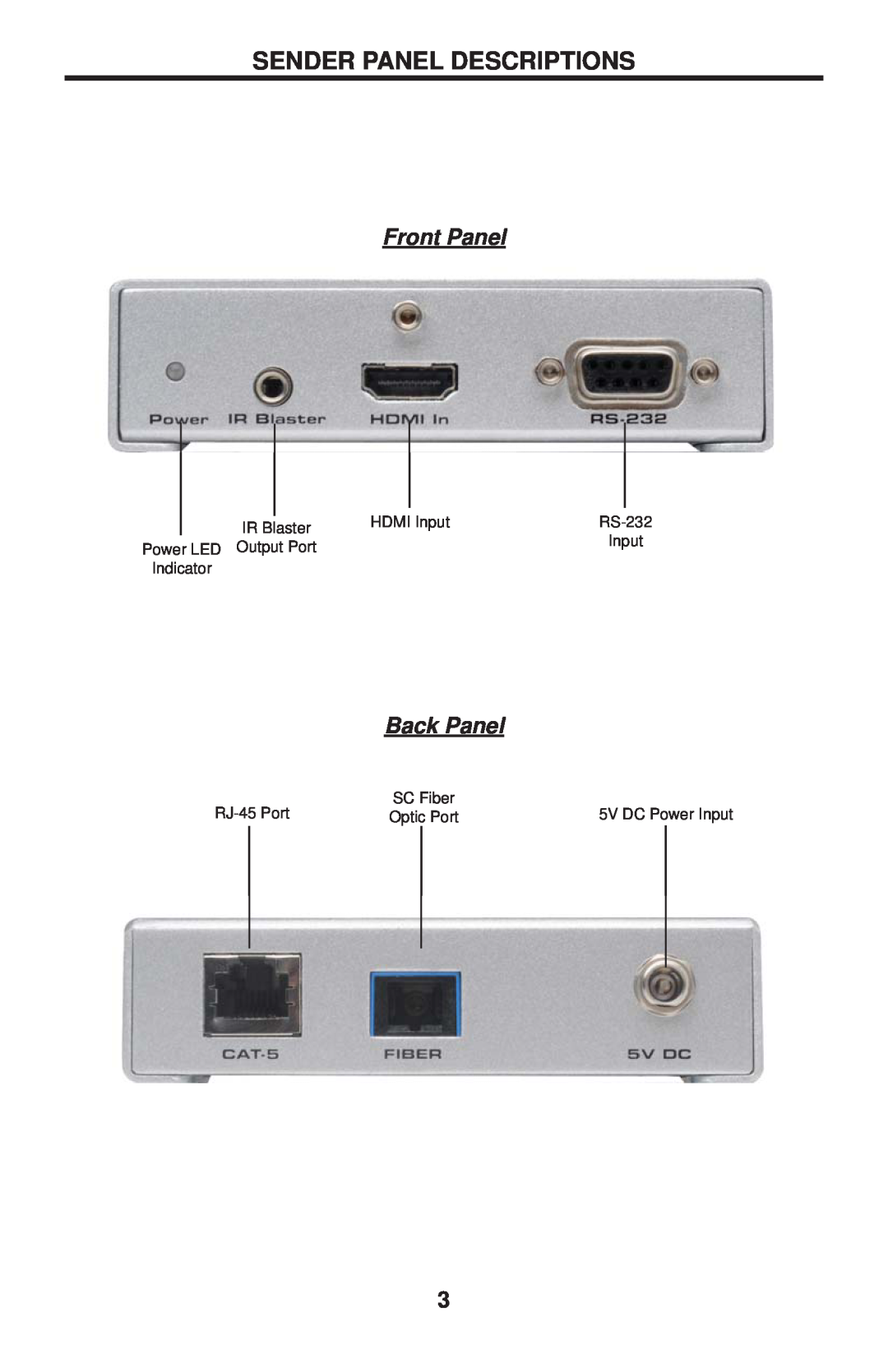 Gefen EXT-HDMI1.3IR-FO-141 Sender Panel Descriptions, Front Panel, Back Panel, HDMI Input, RS-232, IR Blaster, Indicator 