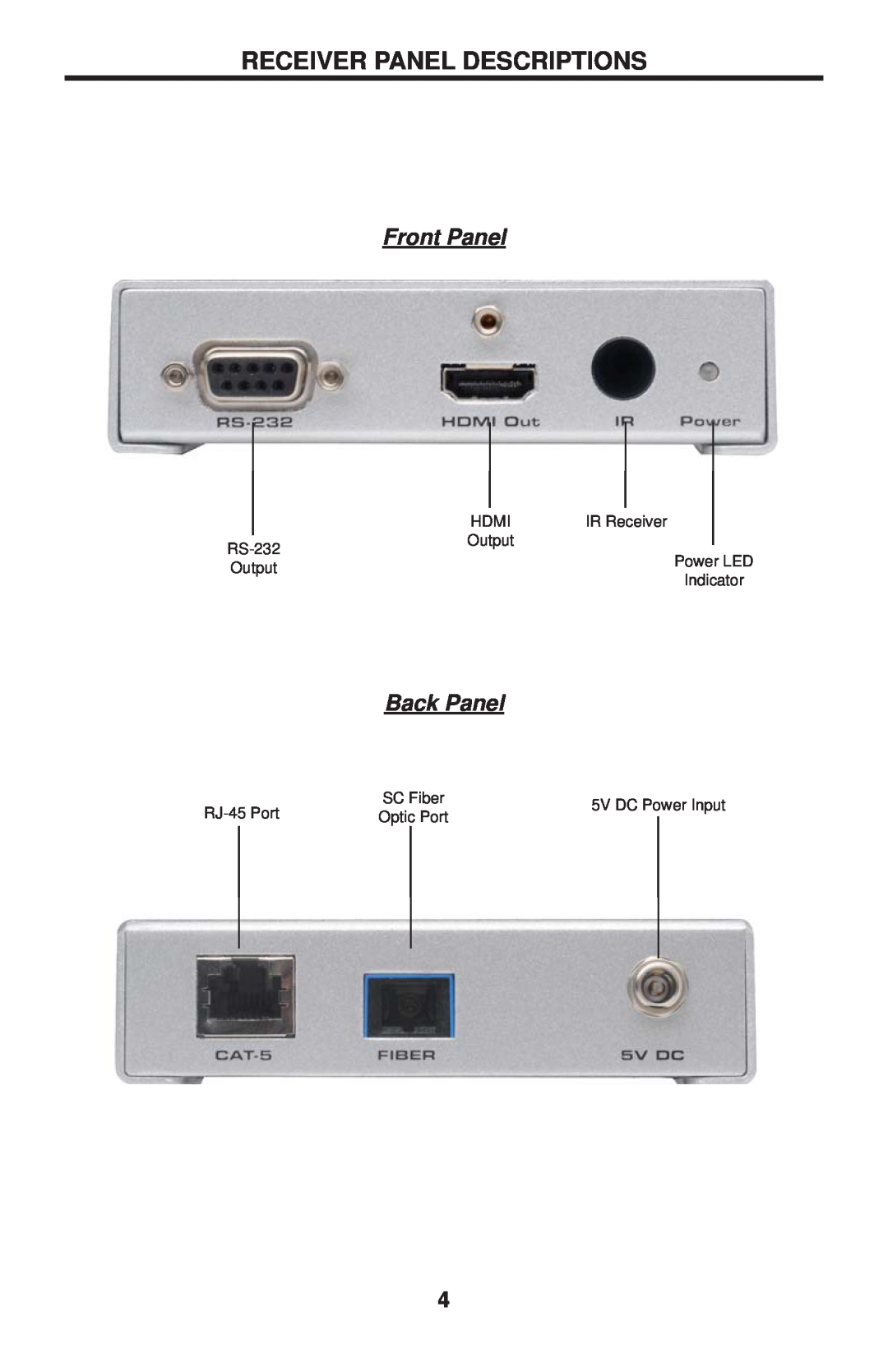 Gefen EXT-HDMI1.3IR-FO-141 Receiver Panel Descriptions, Front Panel, Back Panel, Hdmi, IR Receiver, RS-232, Output 
