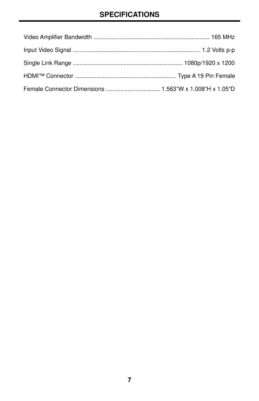 Gefen EXT-HDMISB user manual Specifications 