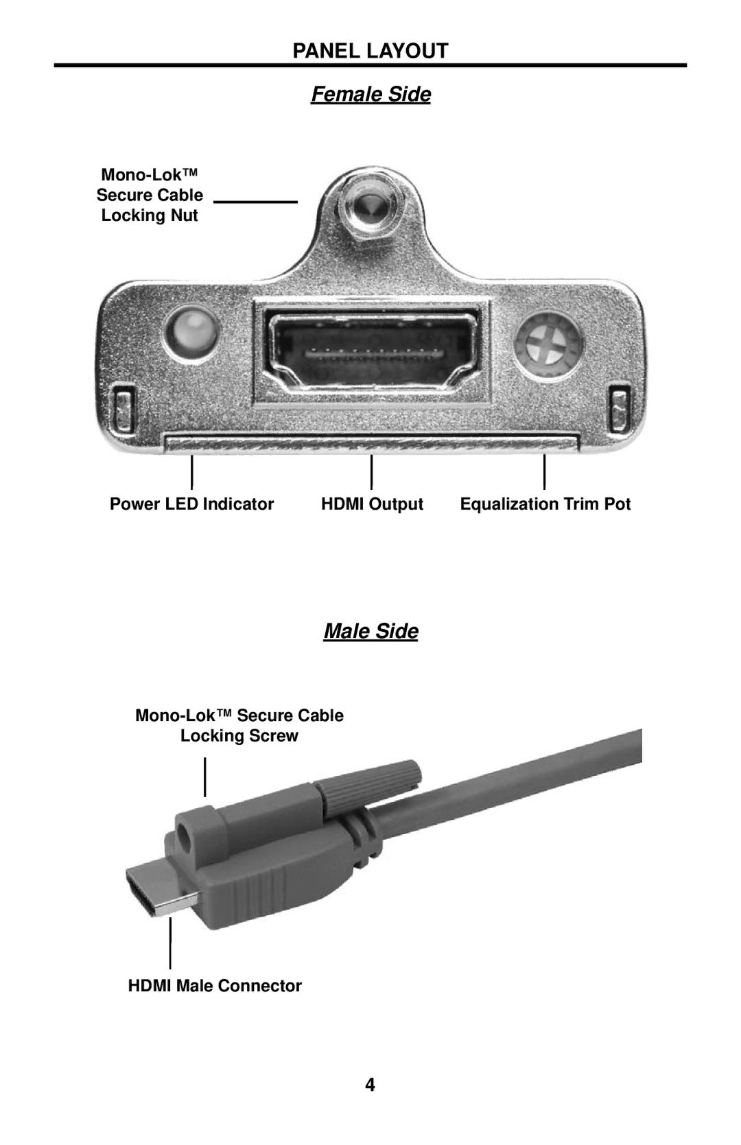 Gefen EXT-HDMISB user manual Panel Layout, Mono-Lok Secure Cable Locking Screw Hdmi Male Connector 