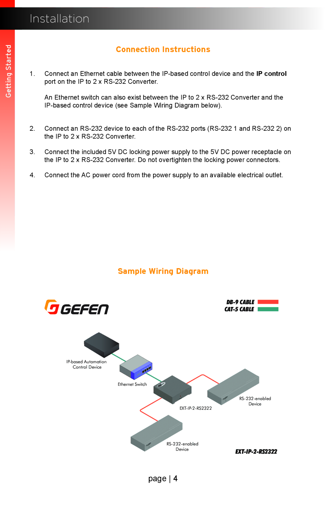 Gefen EXT-IP-2-RS2322 user manual Installation, Connection Instructions, Sample Wiring Diagram 