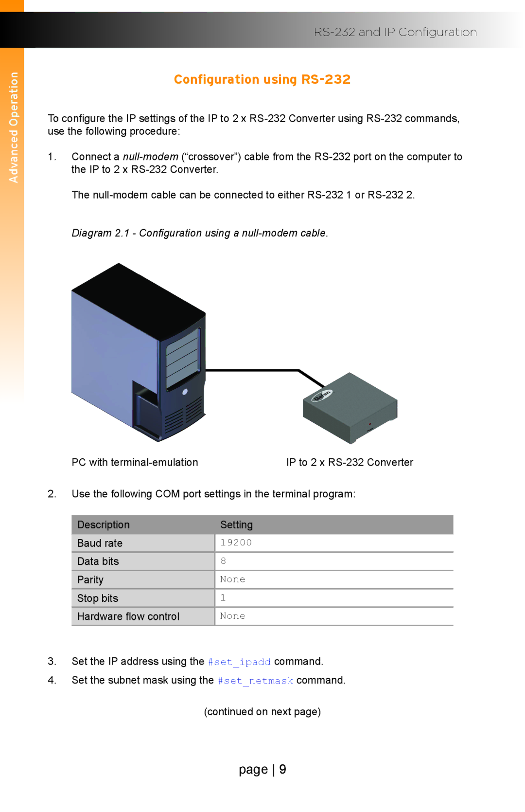 Gefen EXT-IP-2-RS2322 user manual Configuration using RS-232, Diagram 2.1 Configuration using a null-modem cable 