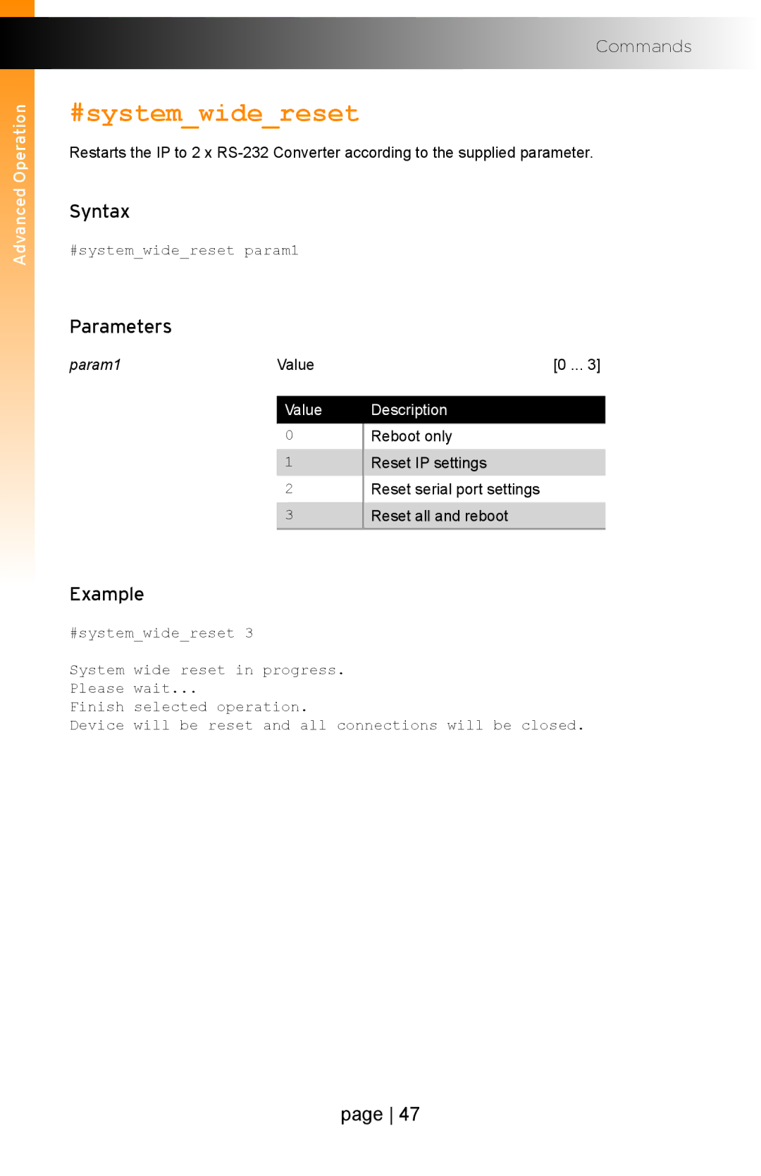 Gefen EXT-IP-2-RS2322 user manual #systemwidereset, Param1 Value 