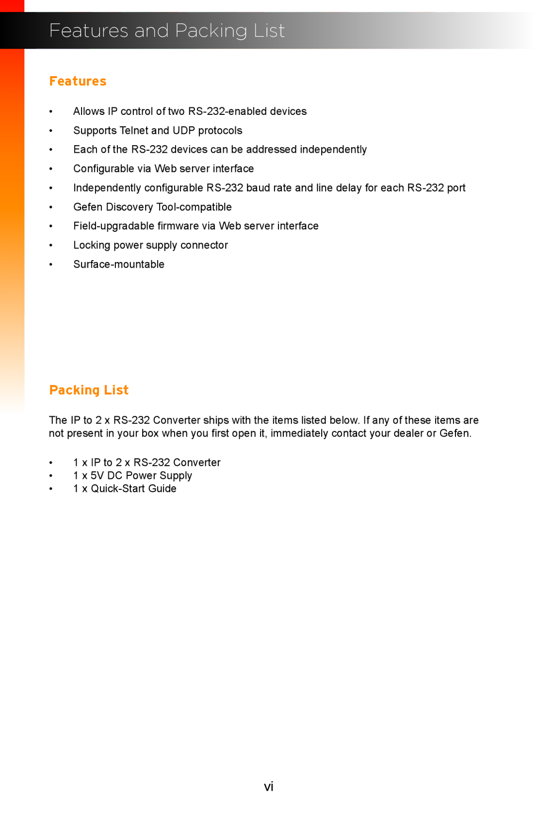 Gefen EXT-IP-2-RS2322 user manual Features and Packing List 