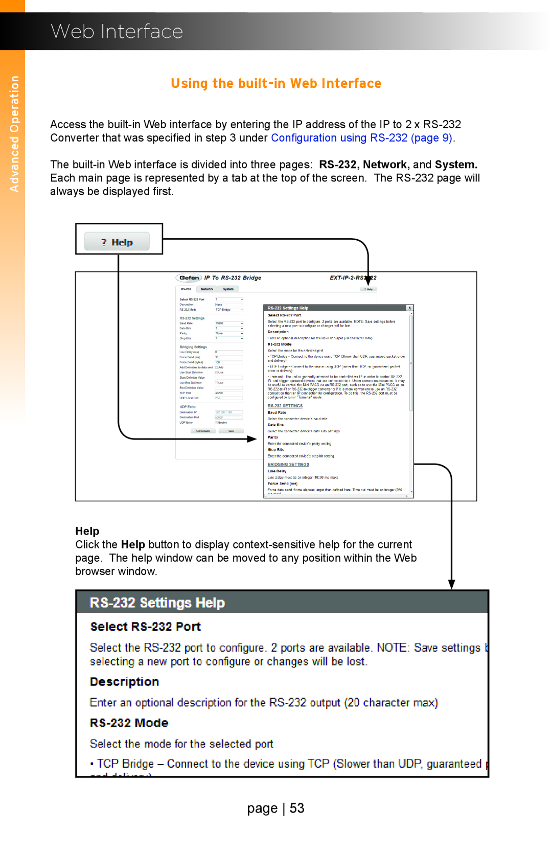 Gefen EXT-IP-2-RS2322 user manual Using the built-in Web Interface, Help 