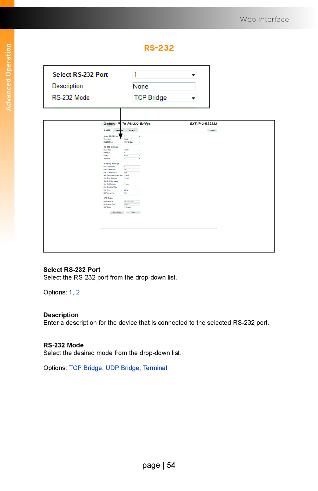 Gefen EXT-IP-2-RS2322 user manual Select RS-232 Port, Description, RS-232 Mode 